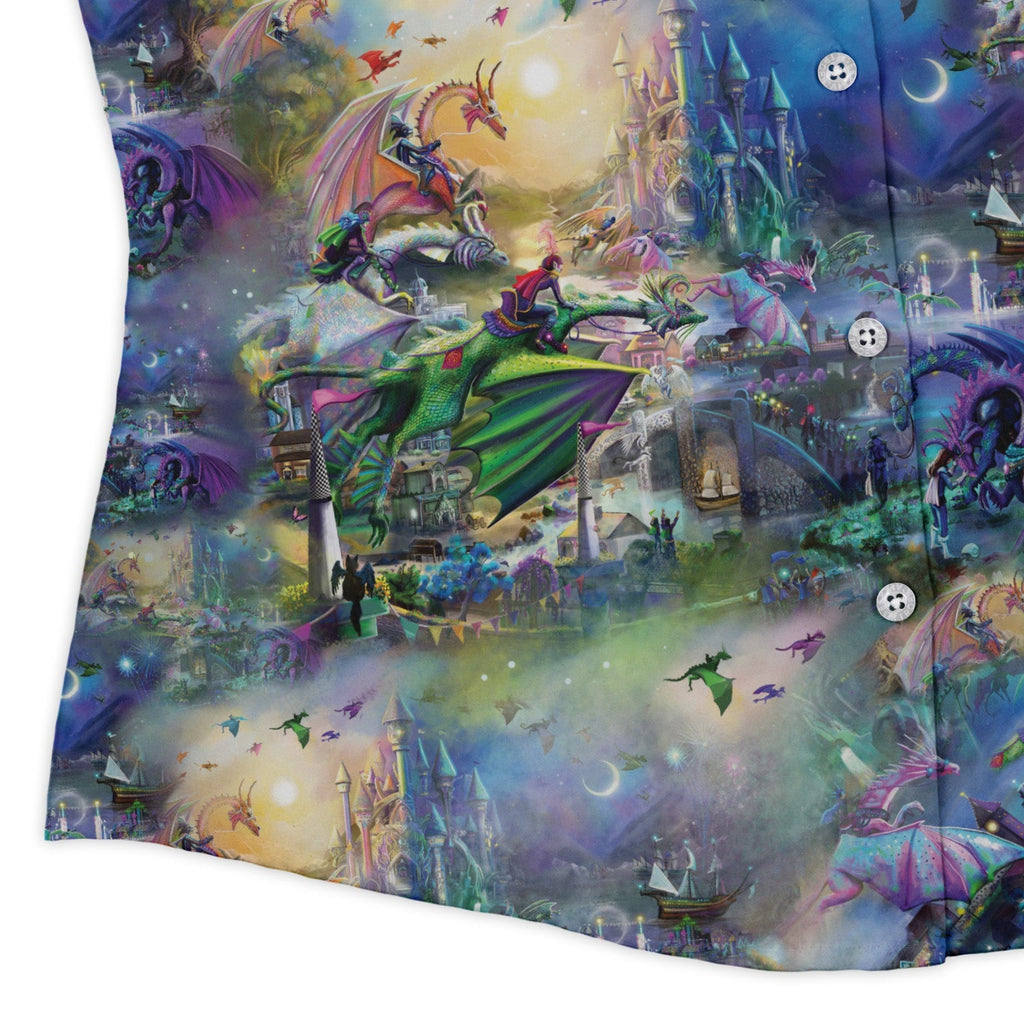 Dragon Chase Curvy Button Up Shirt Geek Nerd Animal Patterns Designed by Rose Khan Fantasy Prints