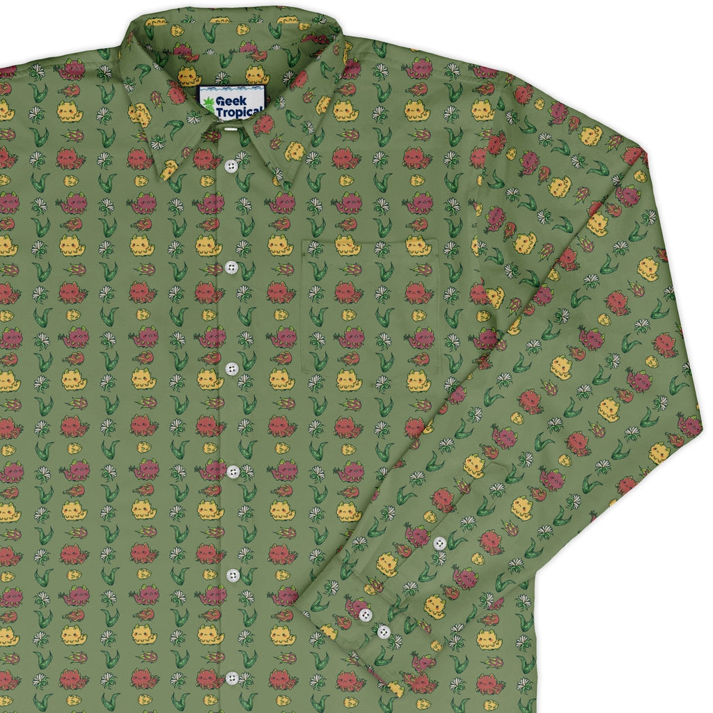 Dragon Fruit Green Long Sleeve Button Up Shirt Geek Nerd adult sizing anime Design by Ardi Tong