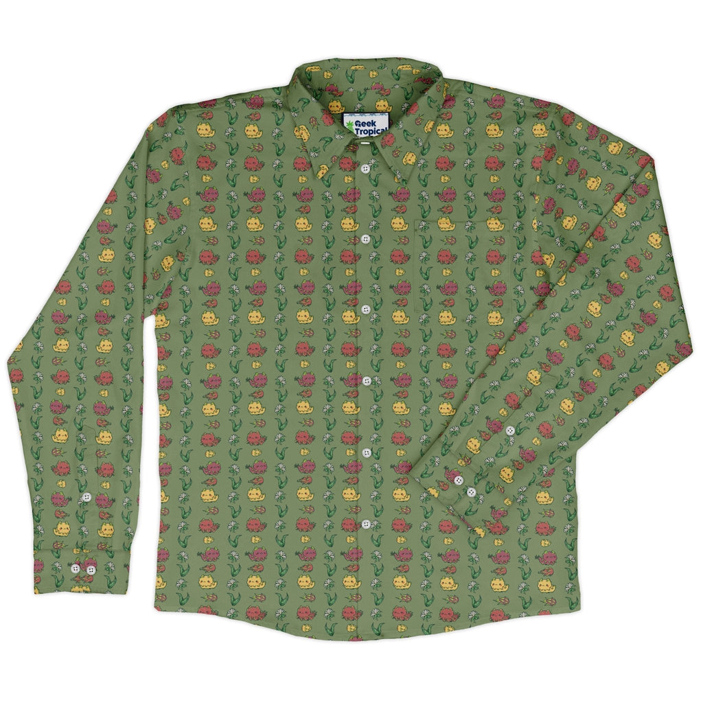 Dragon Fruit Green Long Sleeve Button Up Shirt Geek Nerd adult sizing anime Design by Ardi Tong