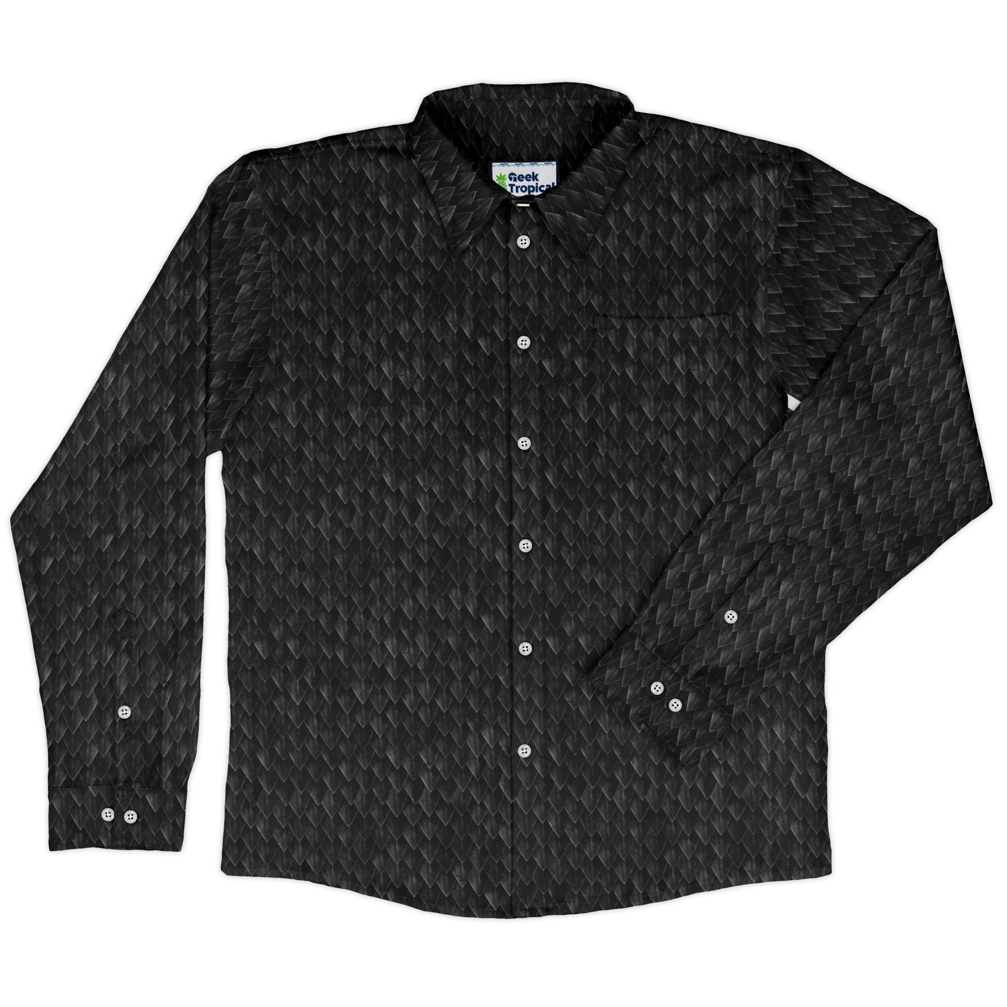 Nerdy Dragon Scales Black Long Sleeve Button Up Shirt