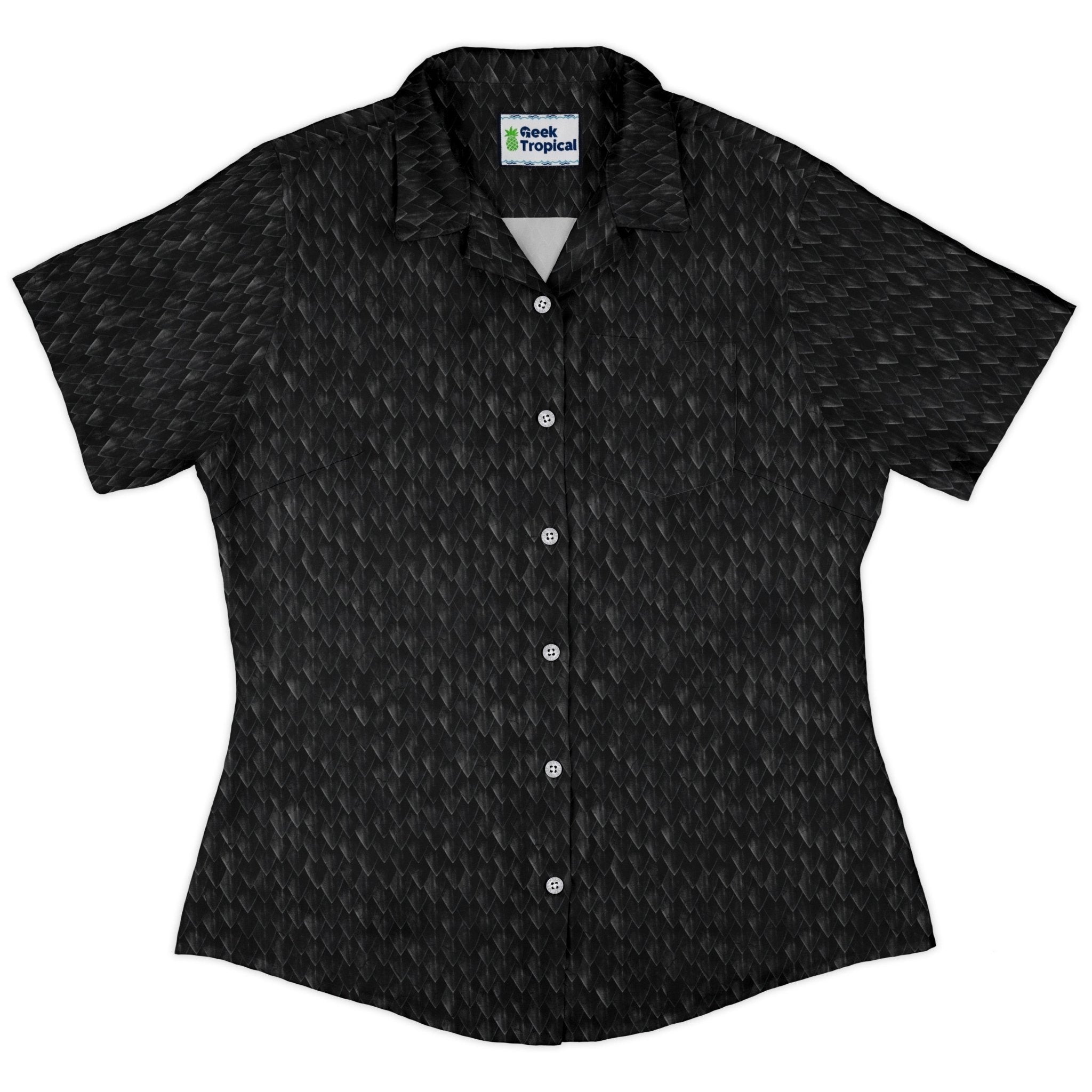 Nerdy Dragon Scales Black Curvy Button Up Shirt