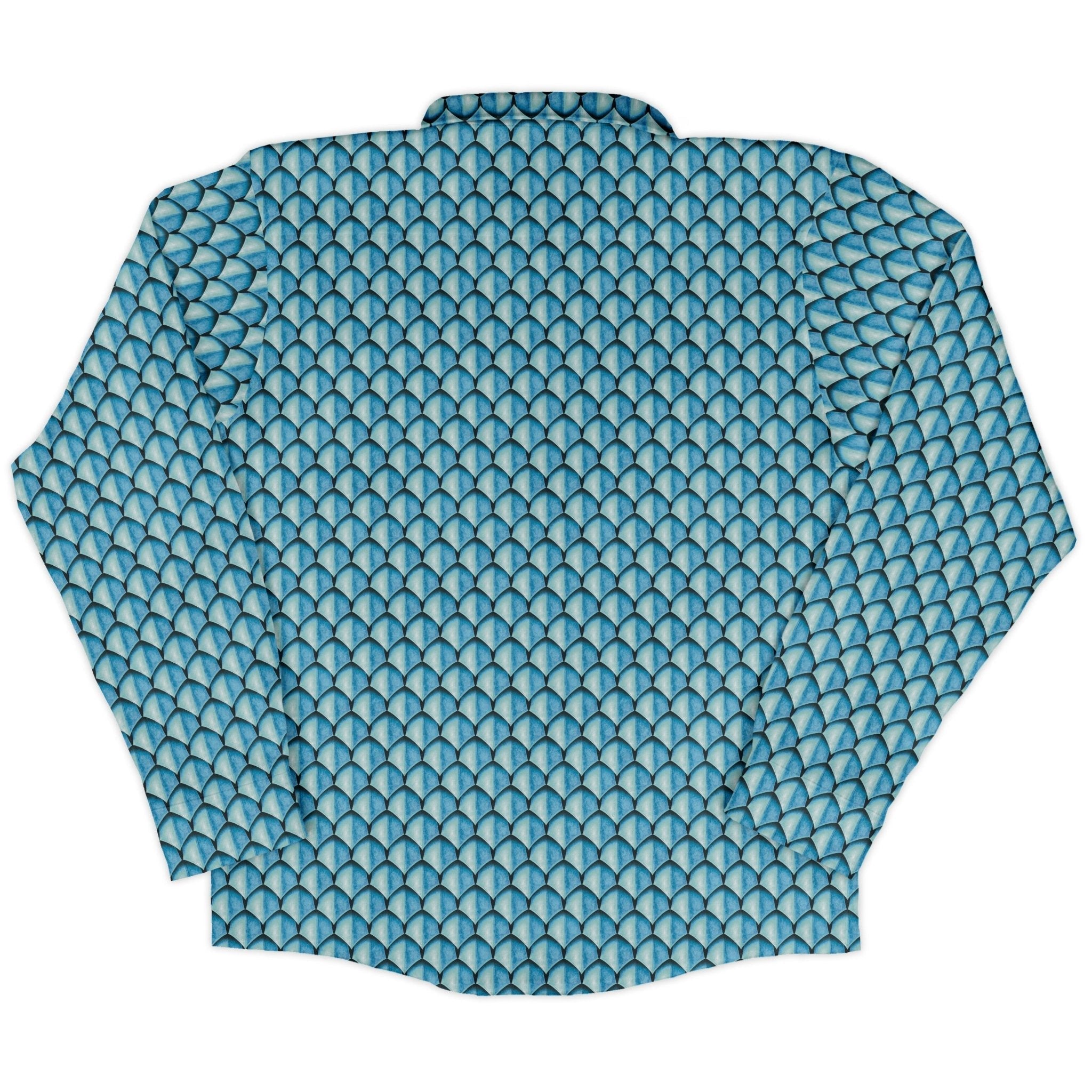 Dragon Scales Blue Dnd Long Sleeve Button Up Shirt Geek Nerd adult sizing Designs by Nathan Fantasy Prints