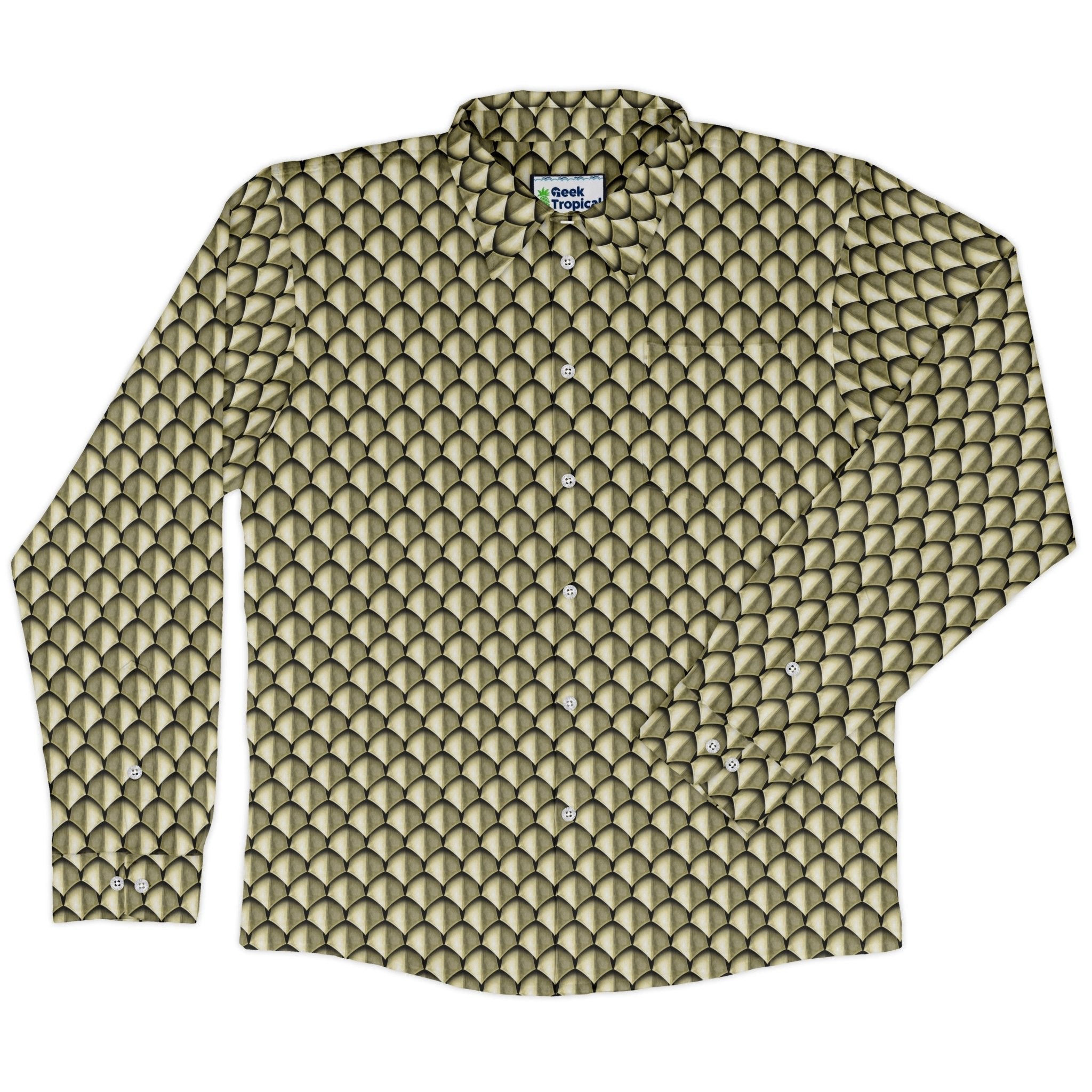 Dragon Scales Gold Dnd Long Sleeve Button Up Shirt Geek Nerd adult sizing Designs by Nathan Fantasy Prints