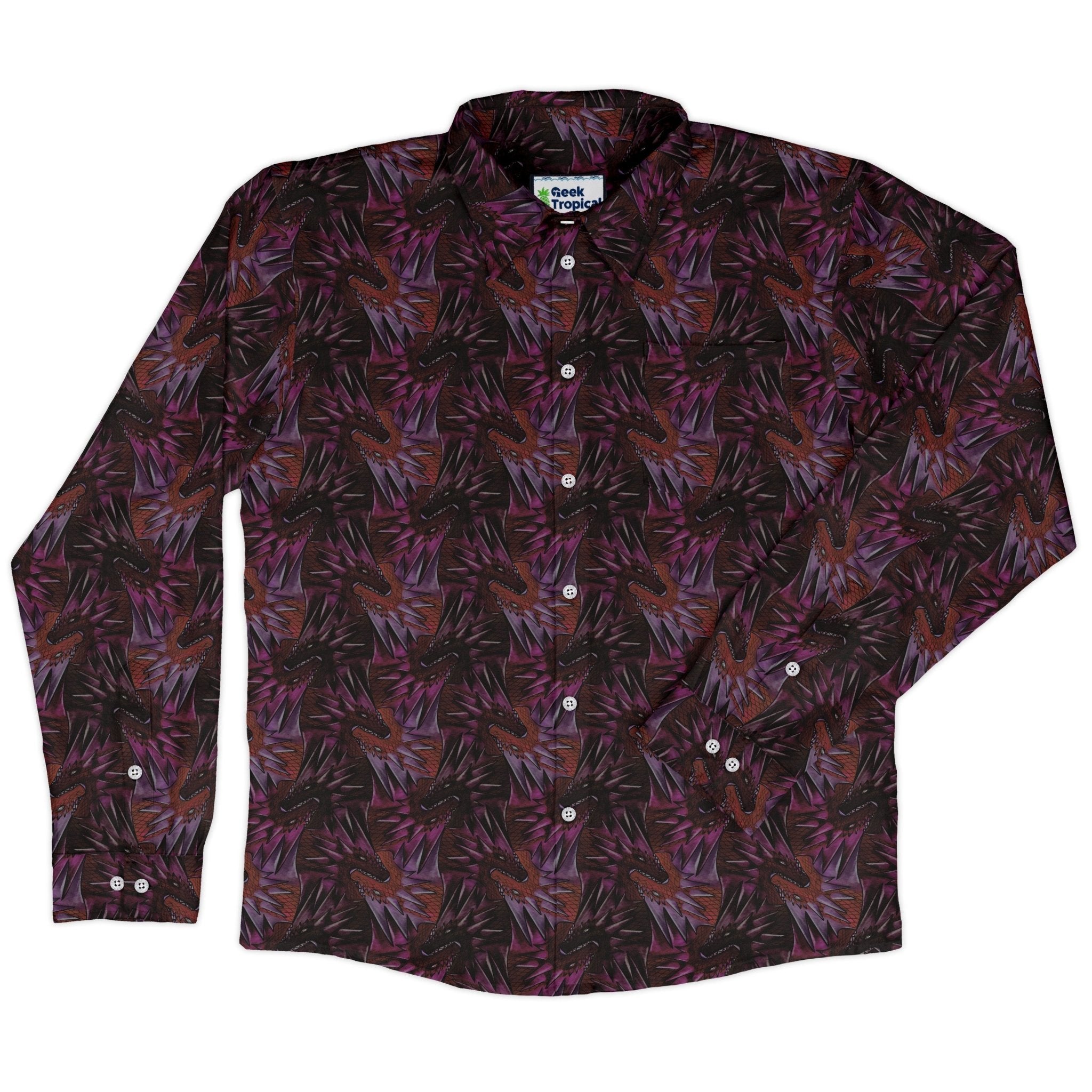 Dragon Weaving Inferno Fire Long Sleeve Button Up Shirt Geek Nerd adult sizing Designs by Nathan fantasy prints