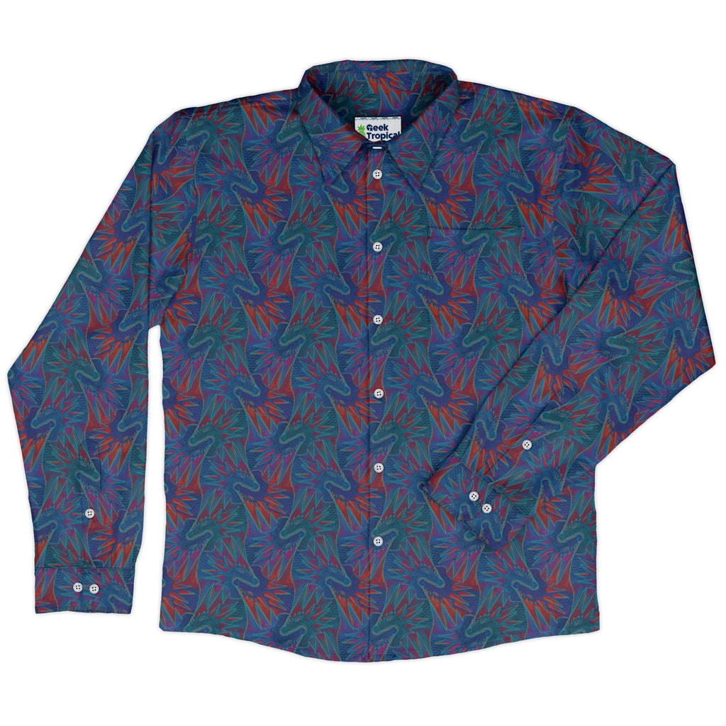 Dragon Weaving Inferno Retro Long Sleeve Button Up Shirt Geek Nerd adult sizing Designs by Nathan fantasy prints