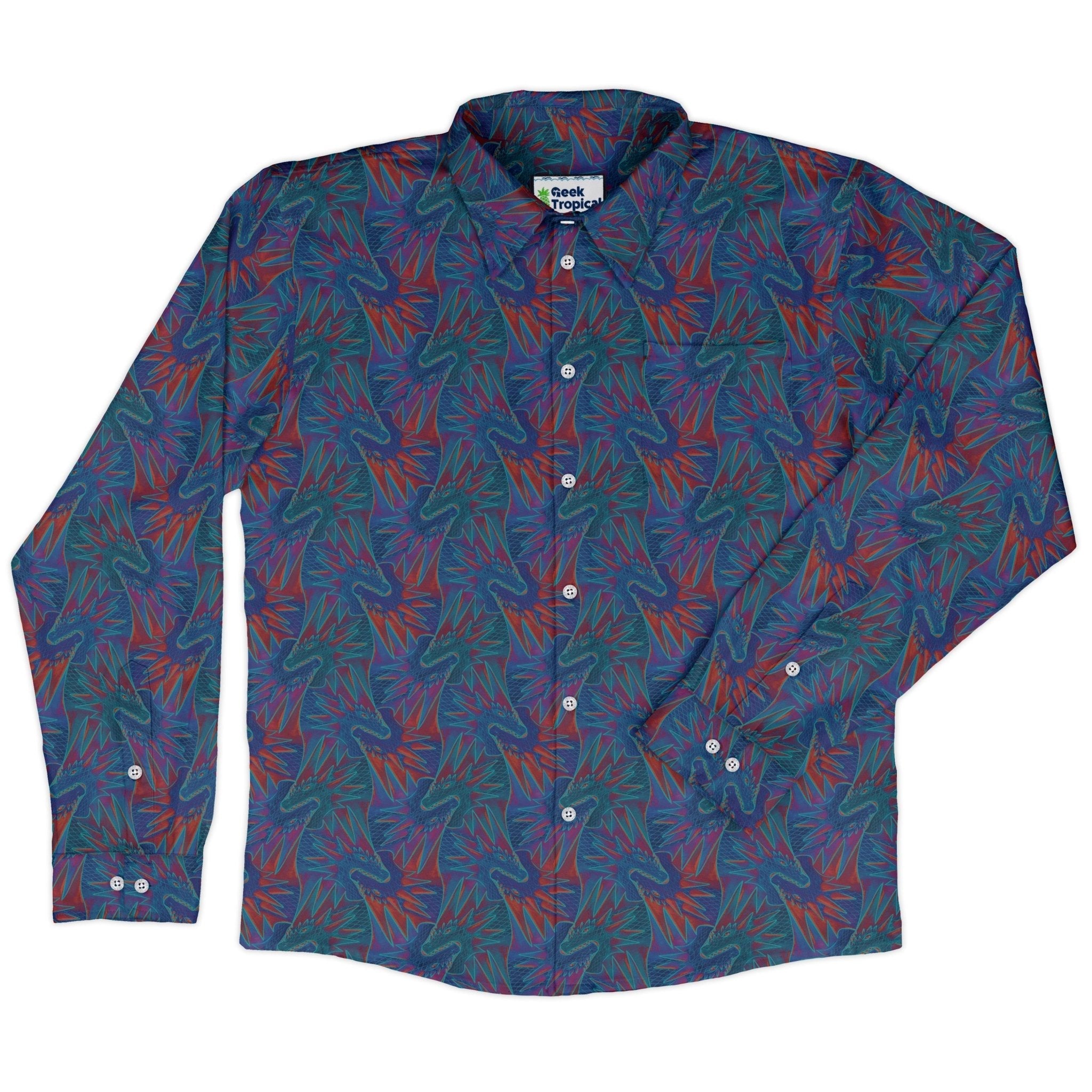 Dragon Weaving Inferno Retro Long Sleeve Button Up Shirt Geek Nerd adult sizing Designs by Nathan fantasy prints