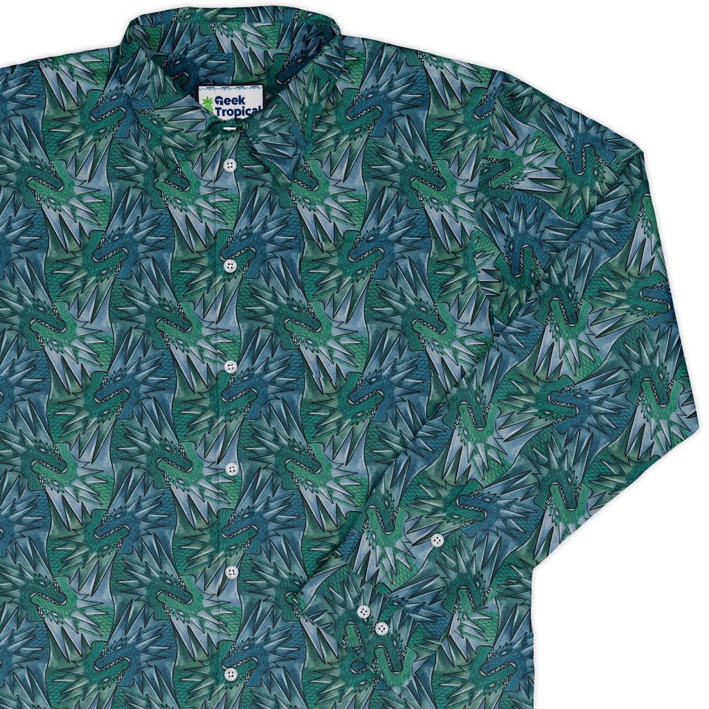Dragon Weaving Inferno Teal Long Sleeve Button Up Shirt Geek Nerd adult sizing Designs by Nathan fantasy prints