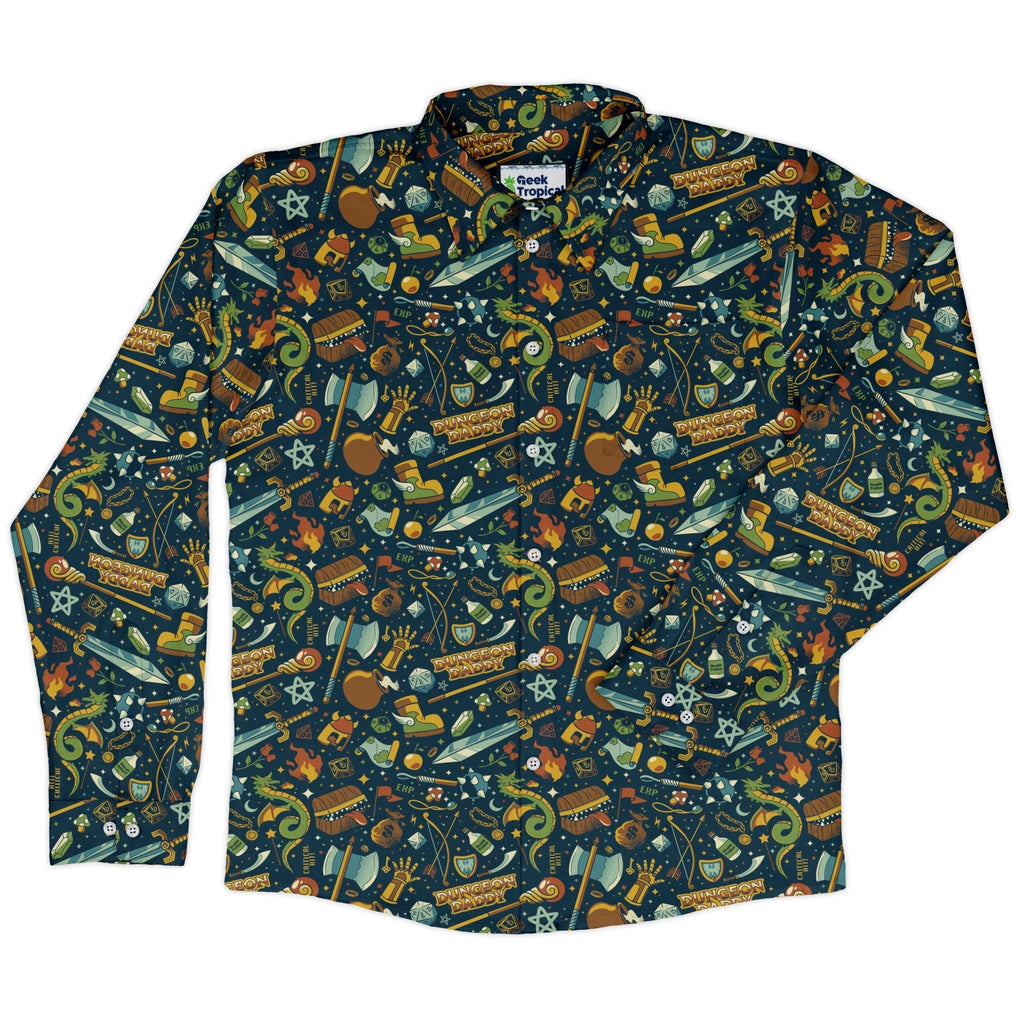 Dungeon Daddy Long Sleeve Button Up Shirt Geek Nerd adult sizing Design by Tobe Fonseca dnd & rpg print