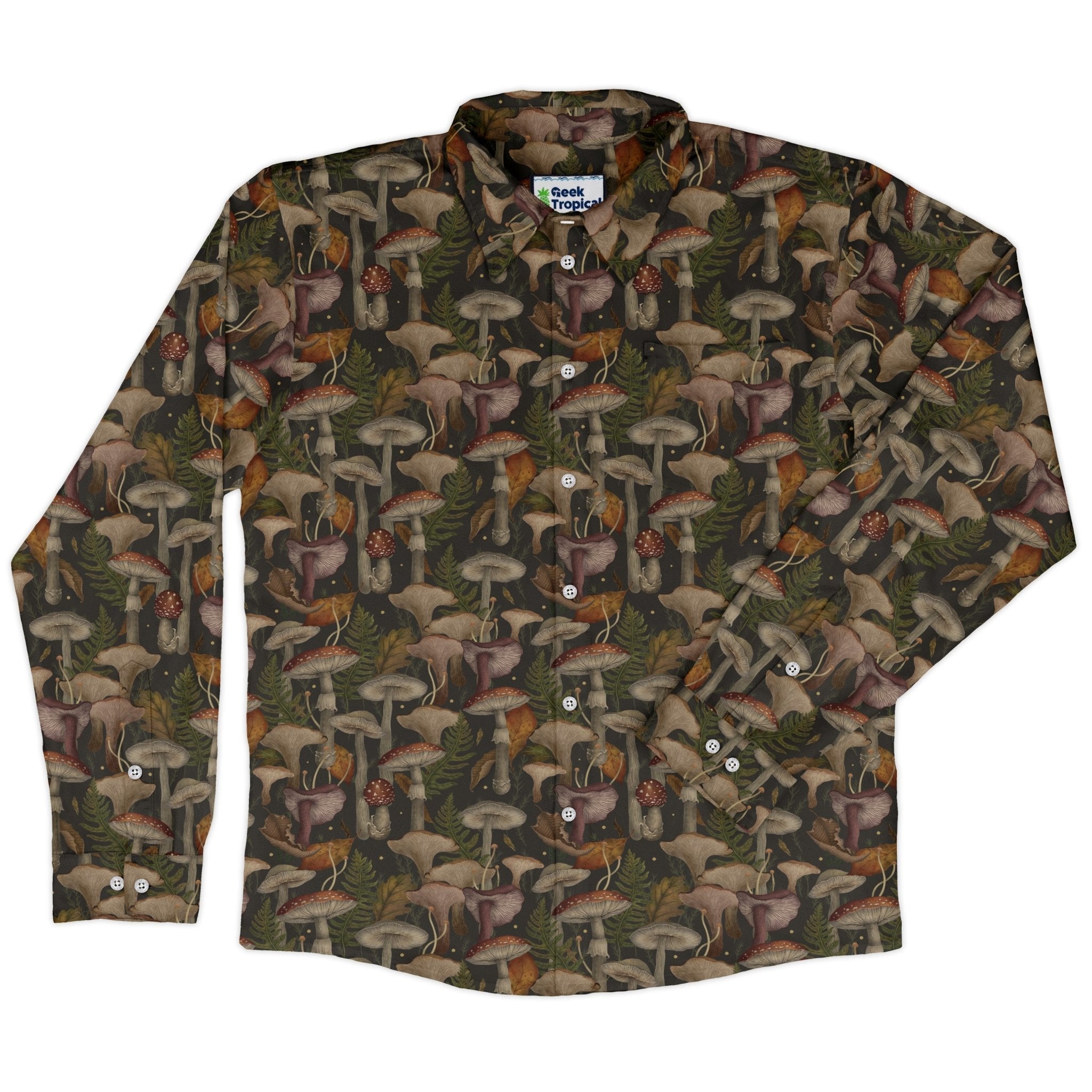 Episodic Autumn Mushroom Collage Long Sleeve Button Up Shirt Geek Nerd adult sizing Botany Print Design by Episodic
