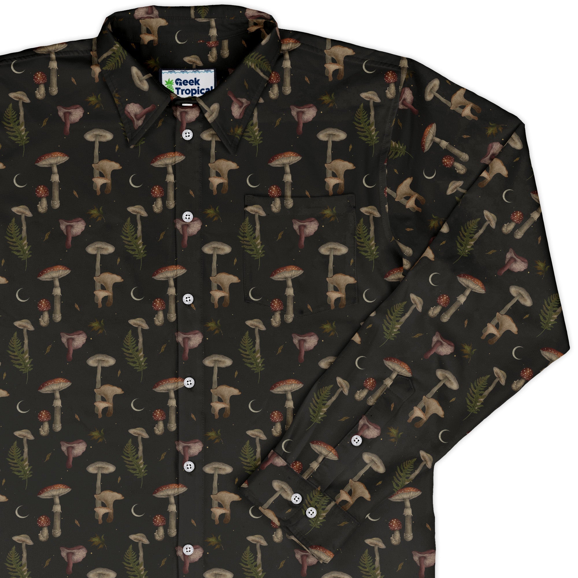 Episodic Autumn Mushrooms Space Long Sleeve Button Up Shirt Geek Nerd adult sizing Botany Print Design by Episodic