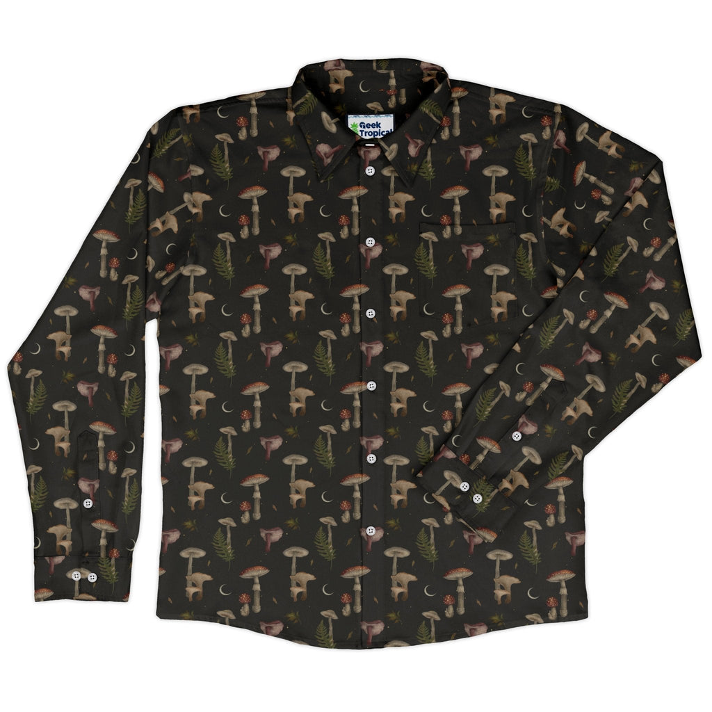 Episodic Autumn Mushrooms Space Long Sleeve Button Up Shirt Geek Nerd adult sizing Botany Print Design by Episodic