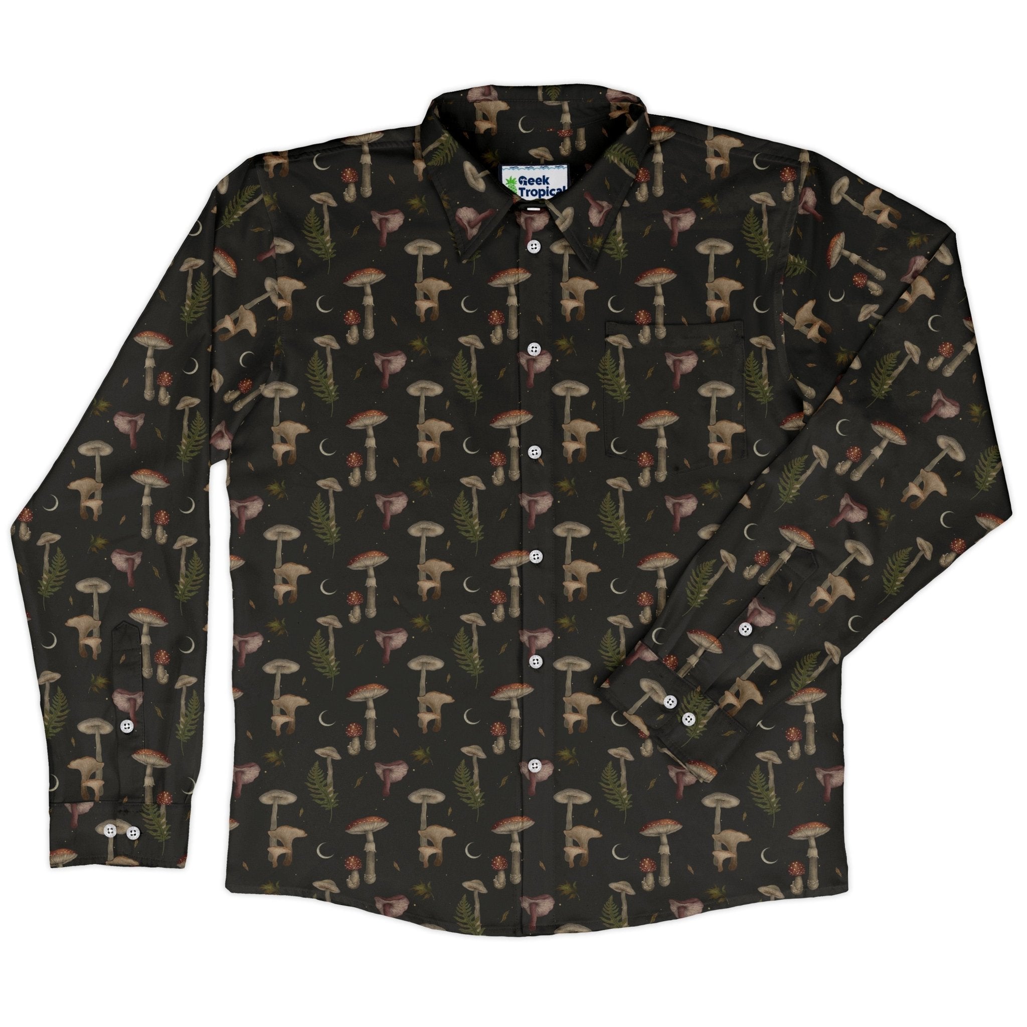 Episodic Autumn Mushrooms Space Long Sleeve Button Up Shirt Geek Nerd adult sizing Botany Print Design by Episodic