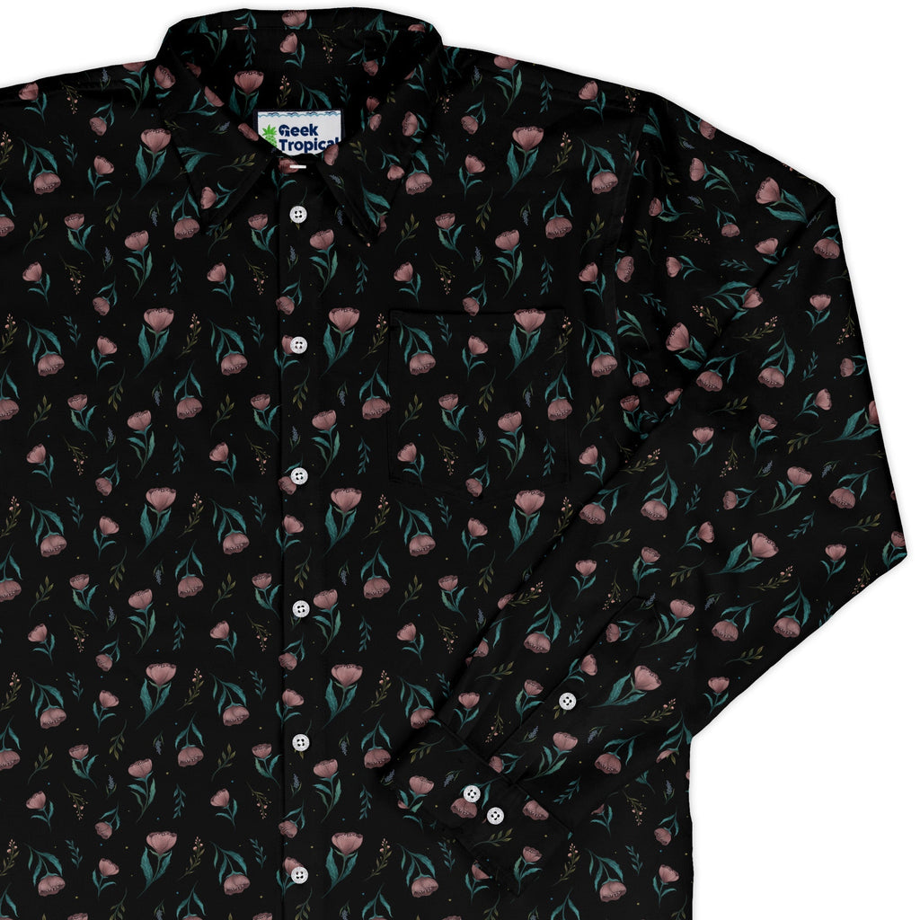 Episodic Blooms Long Sleeve Button Up Shirt Geek Nerd adult sizing Botany Print Design by Episodic