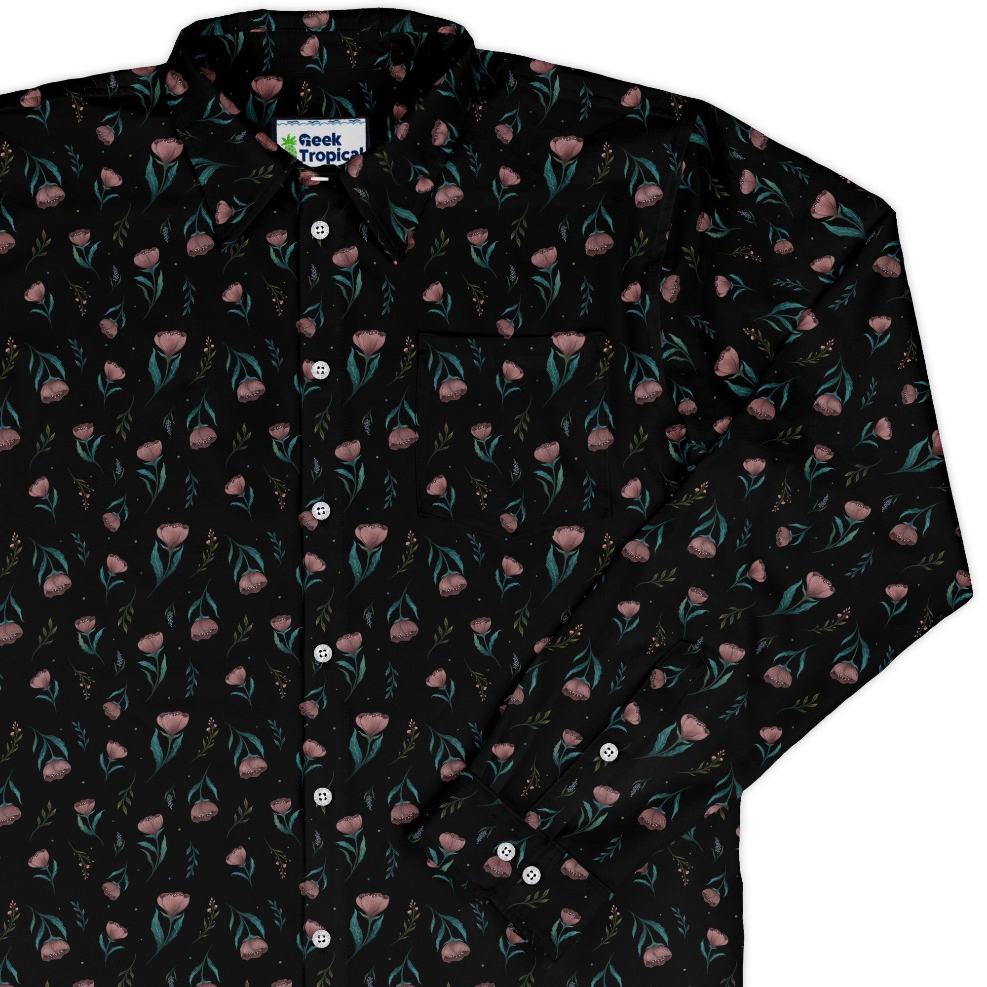 Episodic Blooms Long Sleeve Button Up Shirt Geek Nerd adult sizing Botany Print Design by Episodic