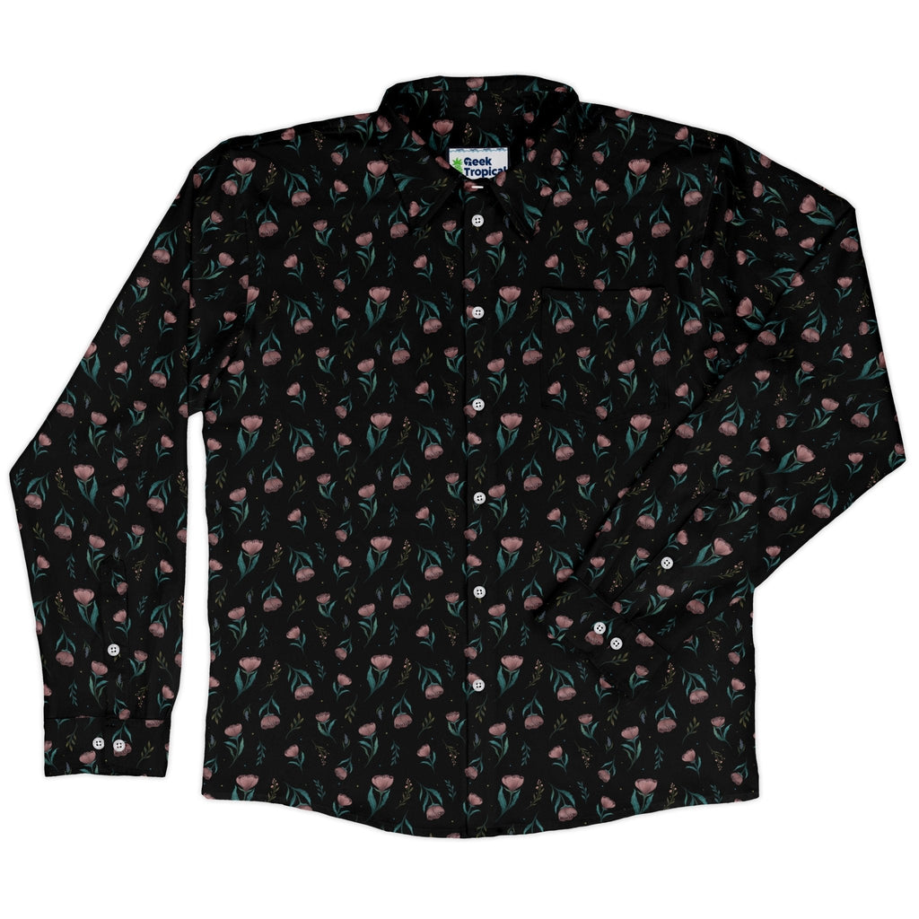Episodic Blooms Long Sleeve Button Up Shirt Geek Nerd adult sizing Botany Print Design by Episodic