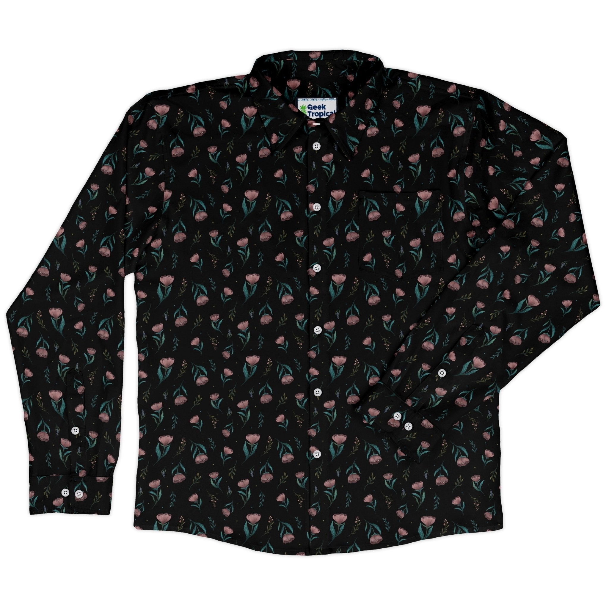 Episodic Blooms Long Sleeve Button Up Shirt Geek Nerd adult sizing Botany Print Design by Episodic