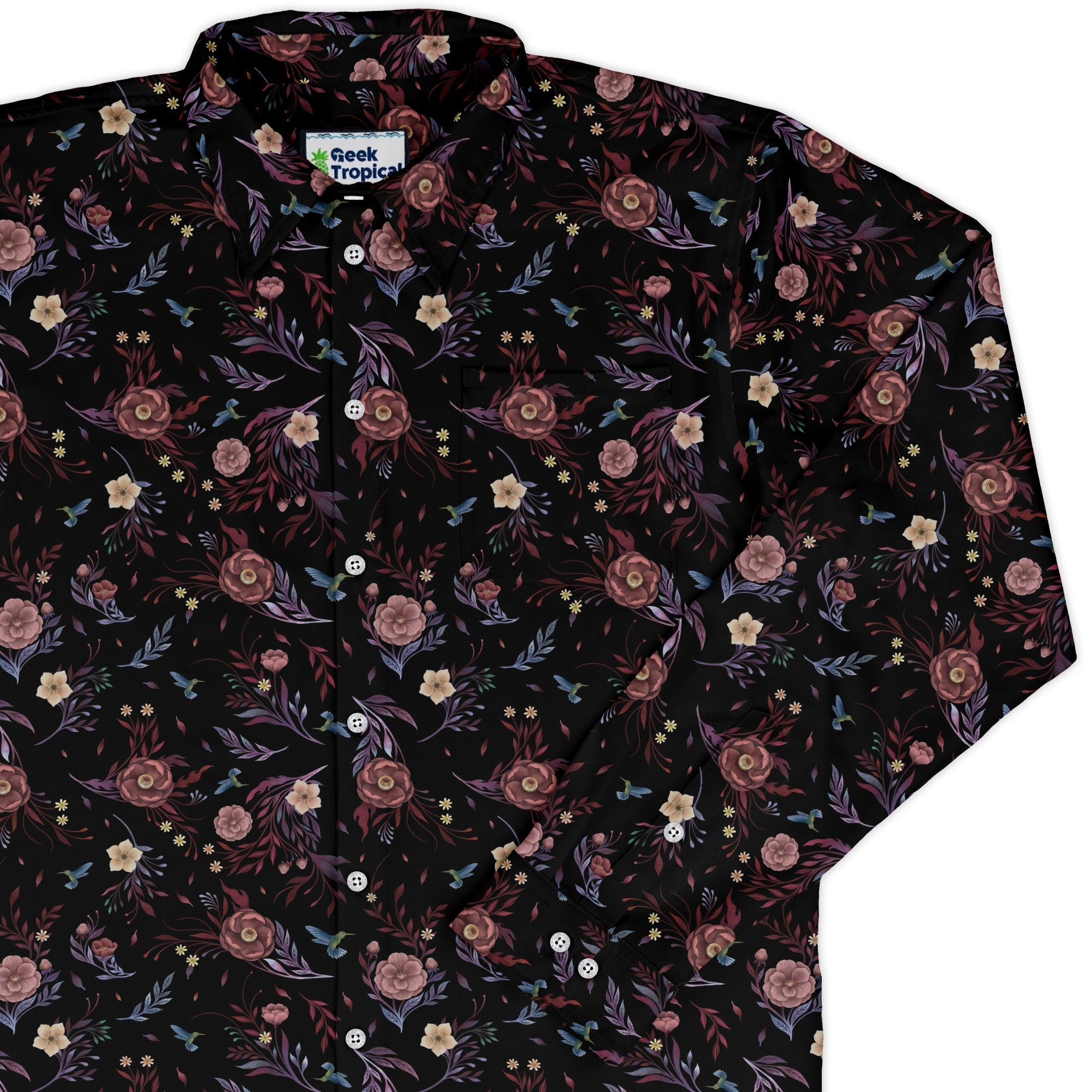 Episodic Camellia Bloom Long Sleeve Button Up Shirt Geek Nerd adult sizing Botany Print Design by Episodic