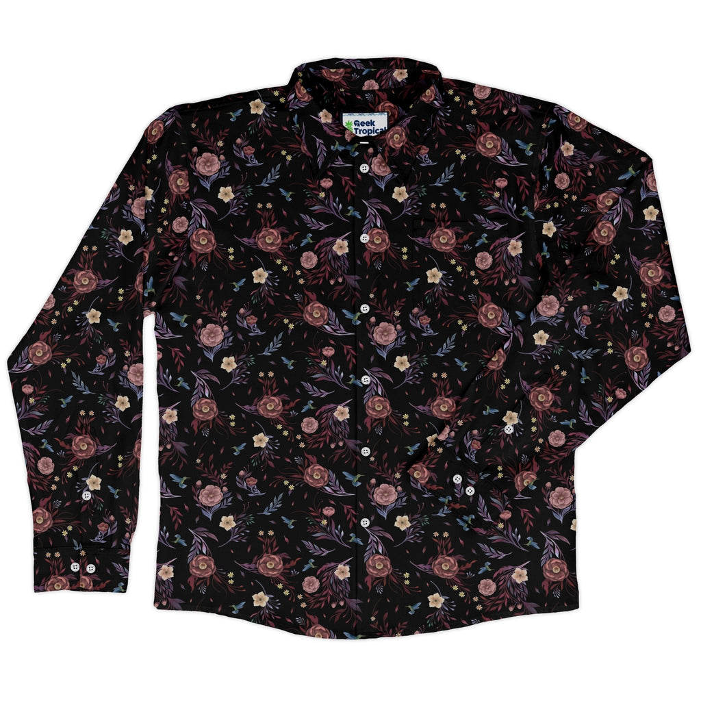 Episodic Camellia Bloom Long Sleeve Button Up Shirt Geek Nerd adult sizing Botany Print Design by Episodic