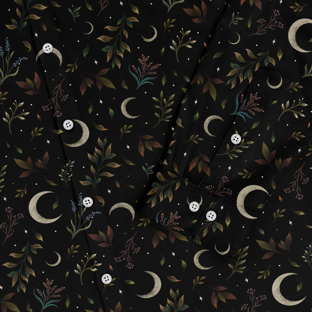Episodic Crescent Moon Garden Long Sleeve Button Up Shirt Geek Nerd adult sizing Botany Print Design by Episodic