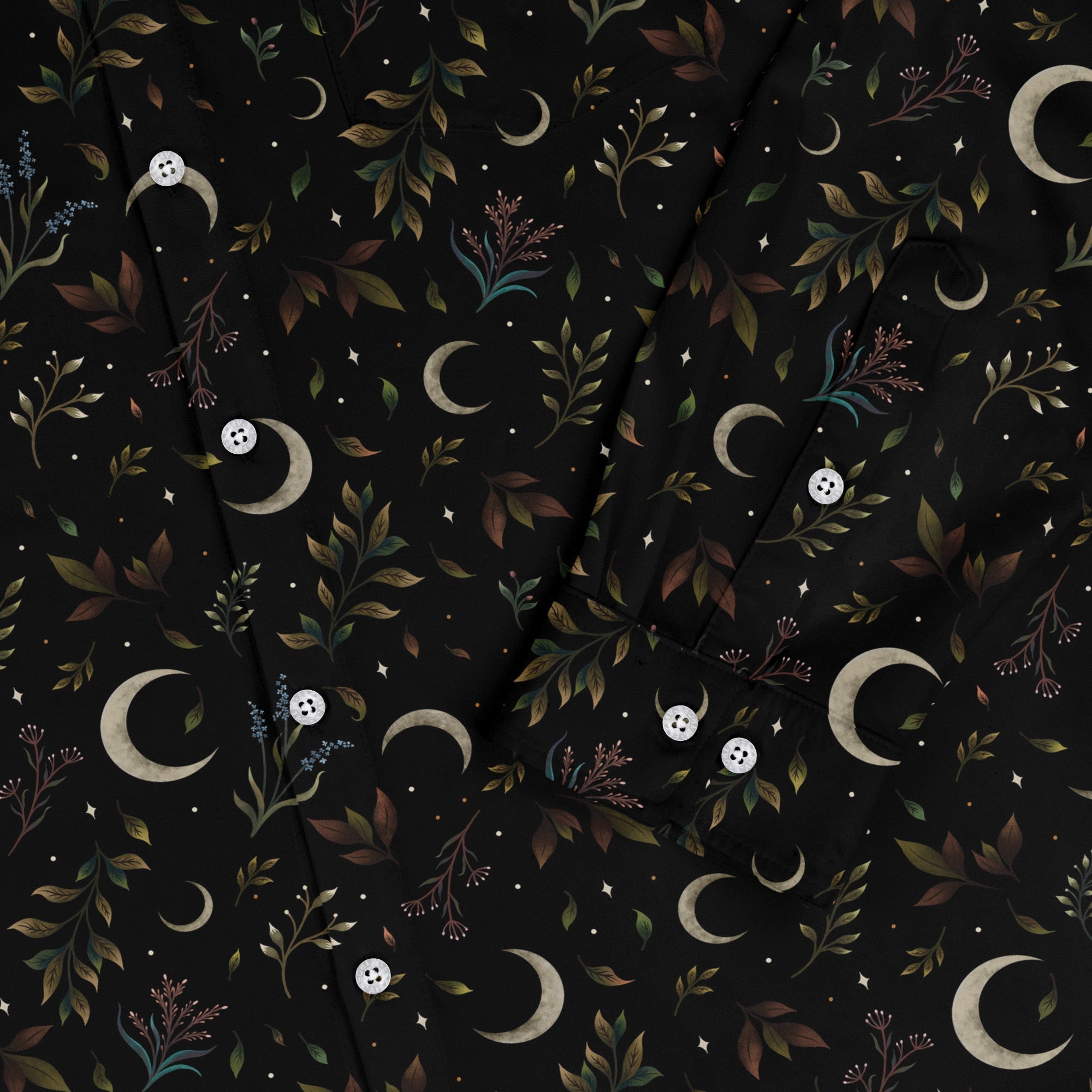 Episodic Crescent Moon Garden Long Sleeve Button Up Shirt Geek Nerd adult sizing Botany Print Design by Episodic