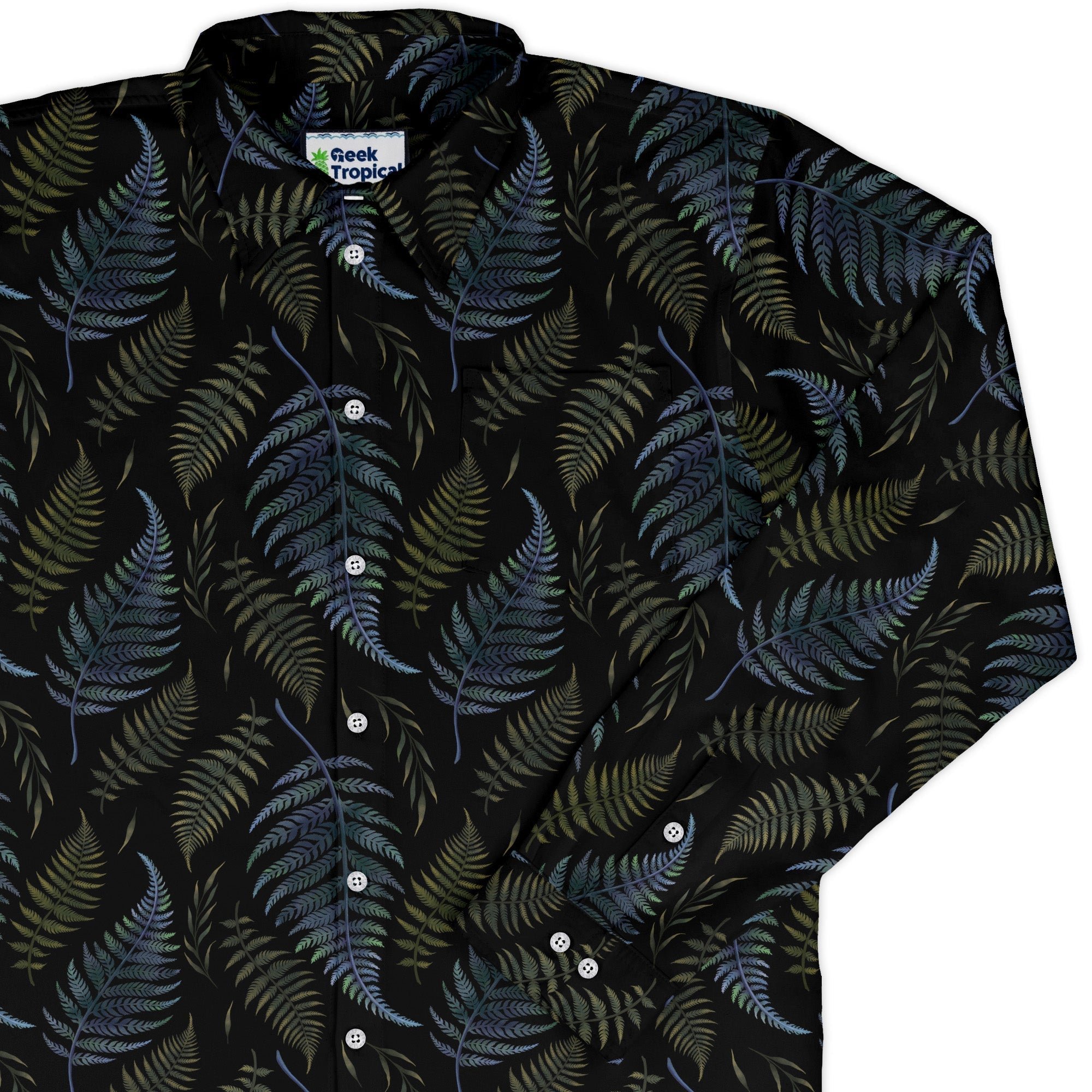 Episodic Ferns Long Sleeve Button Up Shirt Geek Nerd adult sizing Botany Print Design by Episodic