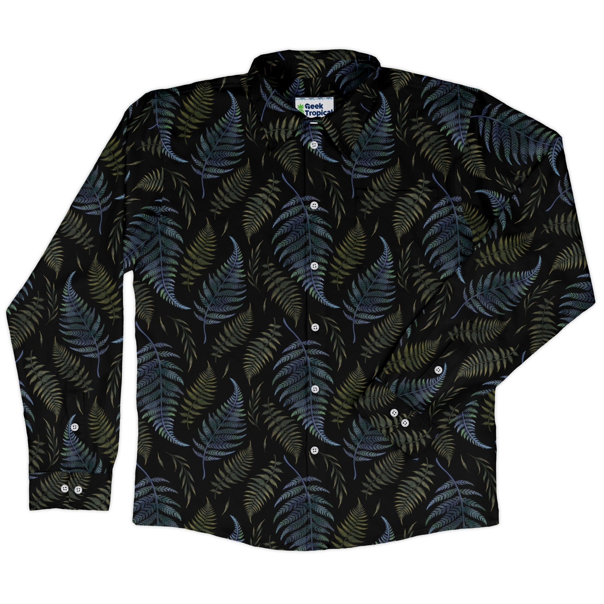 Episodic Ferns Long Sleeve Button Up Shirt Geek Nerd adult sizing Botany Print Design by Episodic