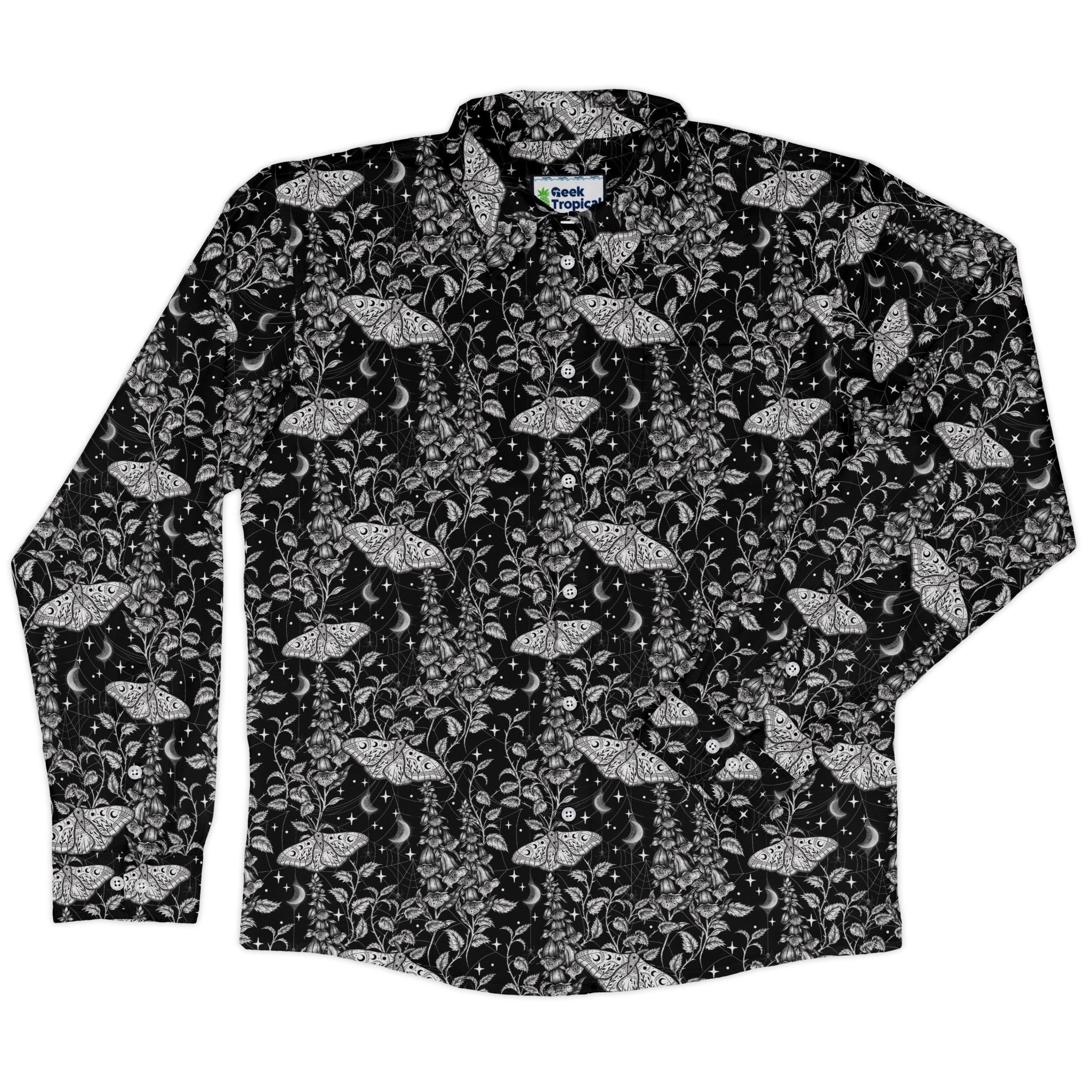 Episodic Moth Black White Night Long Sleeve Button Up Shirt Geek Nerd adult sizing Botany Print Design by Episodic