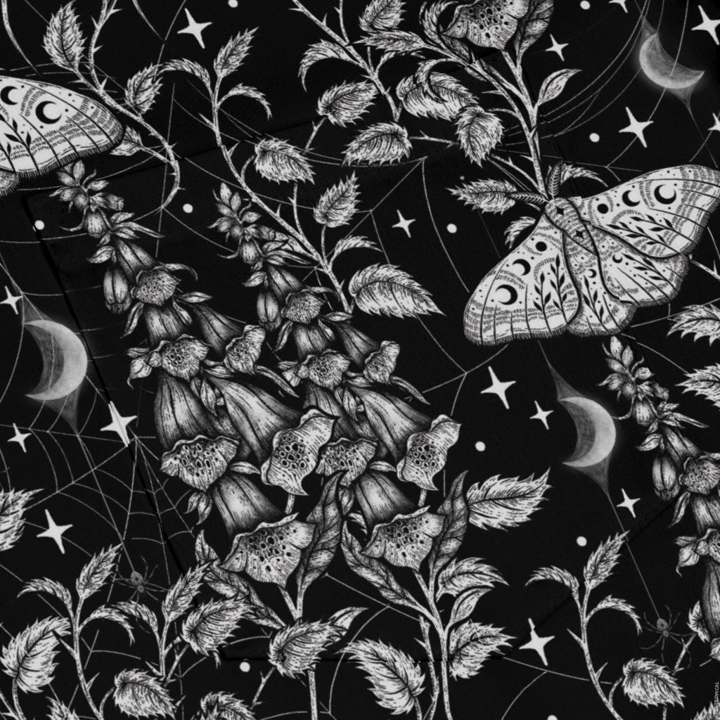 Episodic Moth Black White Night Long Sleeve Button Up Shirt Geek Nerd adult sizing Botany Print Design by Episodic