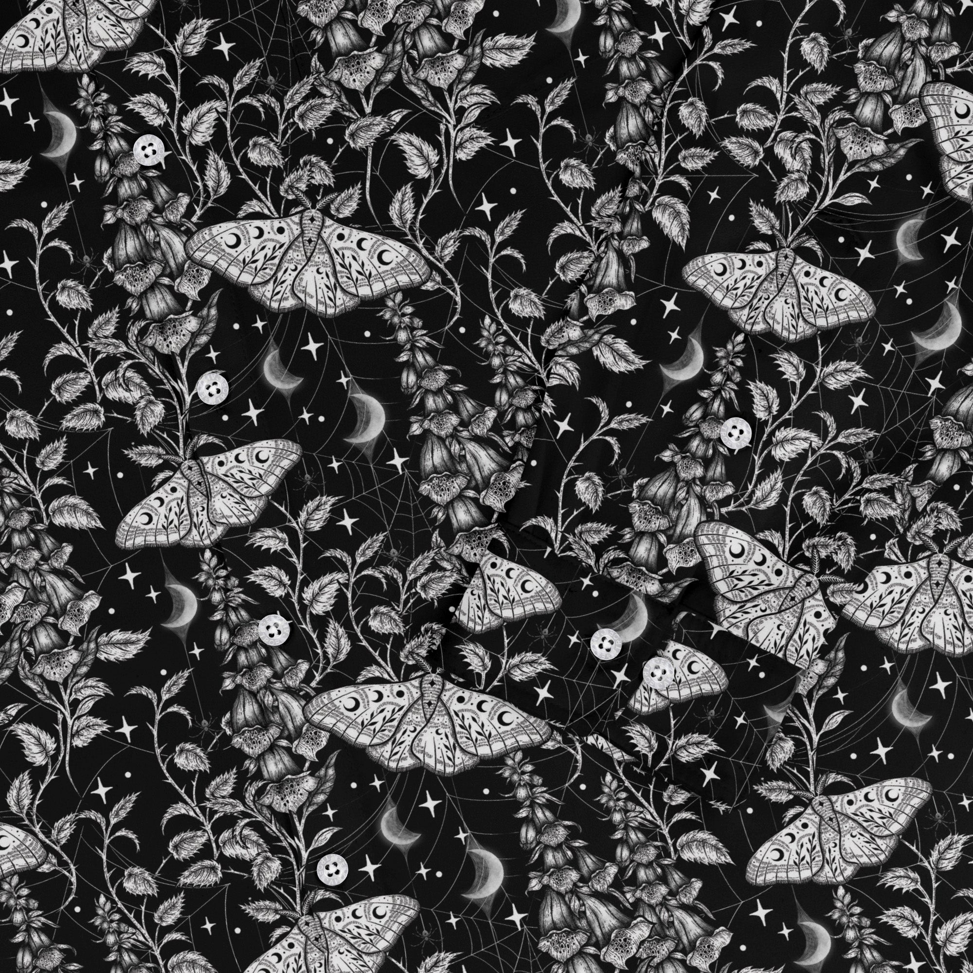 Episodic Moth Black White Night Long Sleeve Button Up Shirt Geek Nerd adult sizing Botany Print Design by Episodic