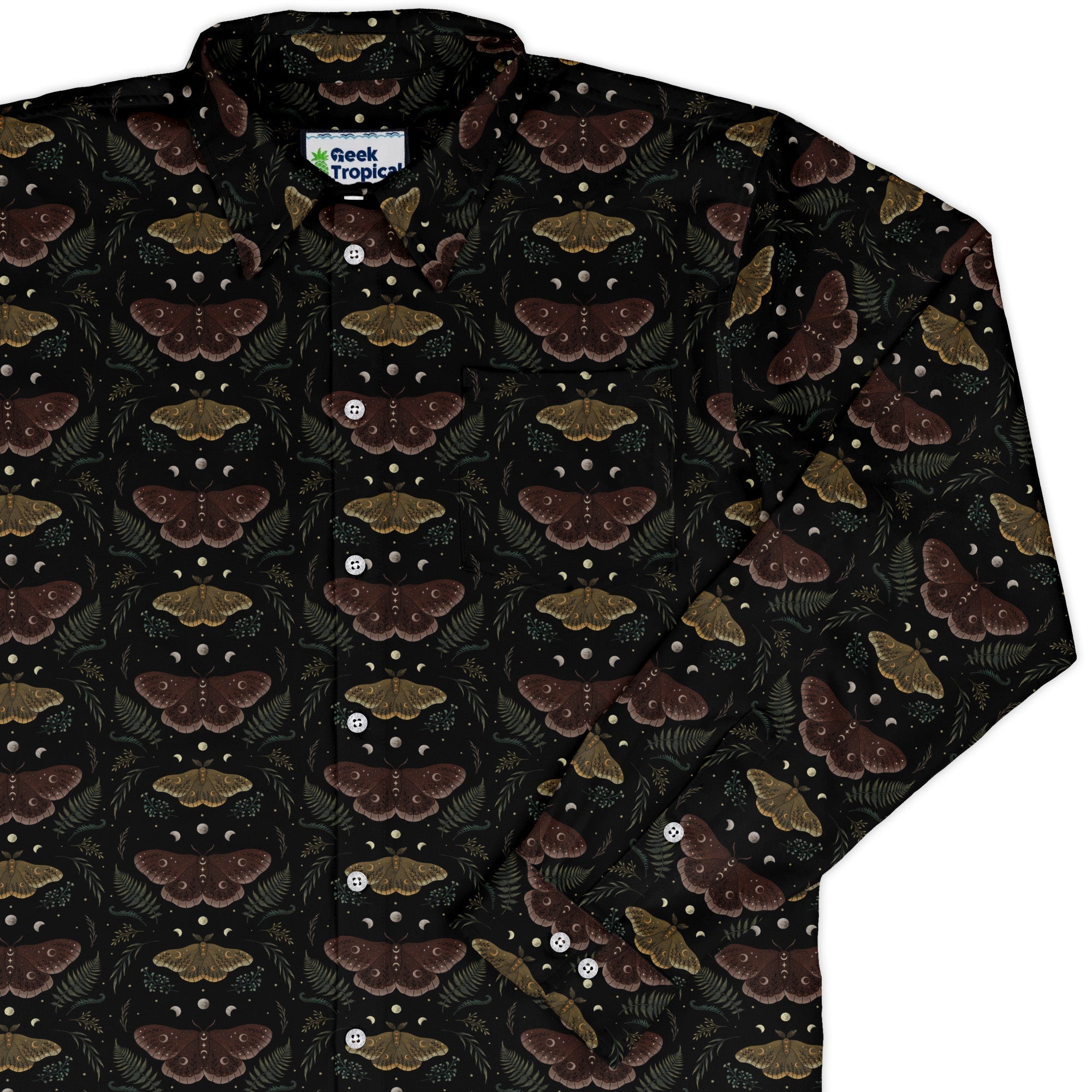Episodic Moth Fall Long Sleeve Button Up Shirt Geek Nerd adult sizing Botany Print Design by Episodic