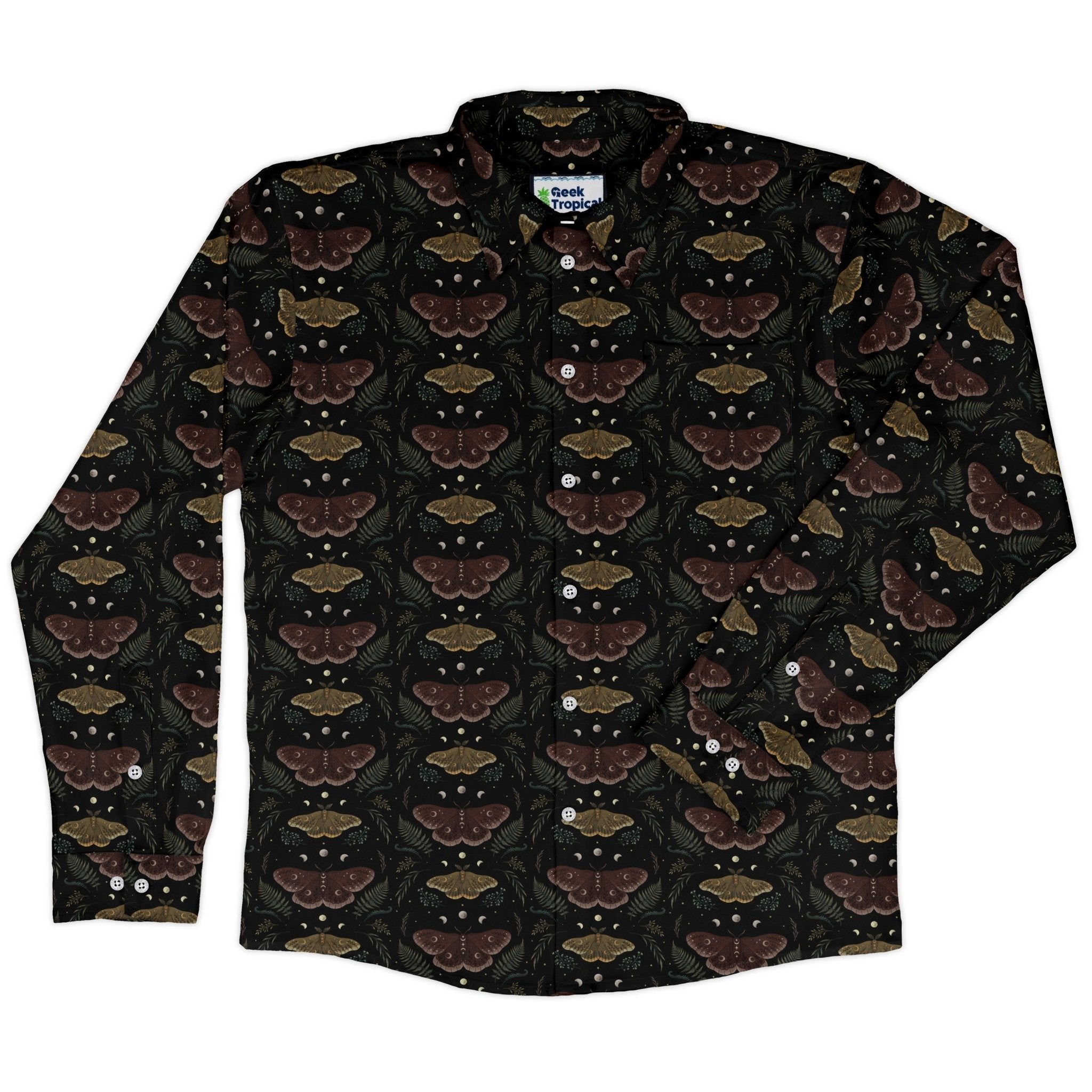 Episodic Moth Fall Long Sleeve Button Up Shirt Geek Nerd adult sizing Botany Print Design by Episodic
