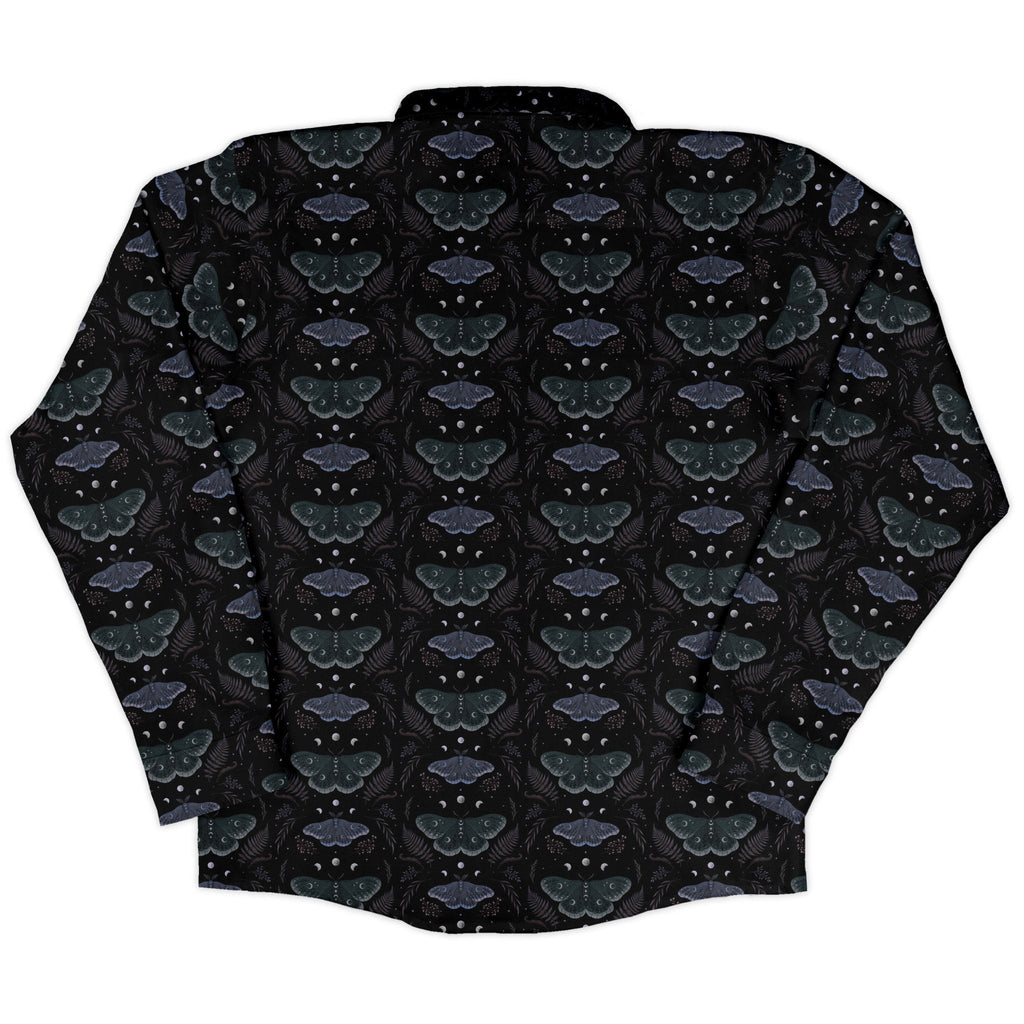 Episodic Moths Black Long Sleeve Button Up Shirt Geek Nerd adult sizing Botany Print Design by Episodic