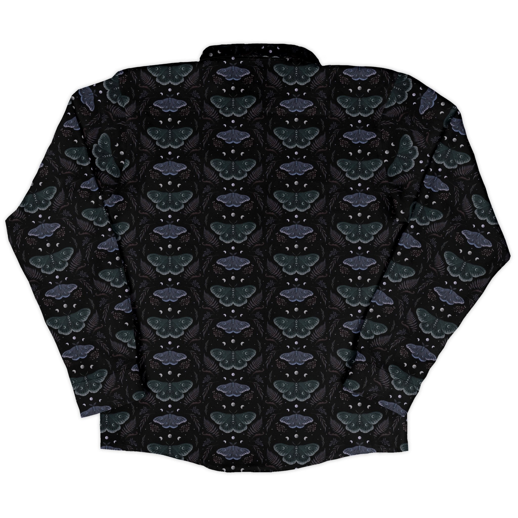 Episodic Moths Black Long Sleeve Button Up Shirt Geek Nerd adult sizing Botany Print Design by Episodic