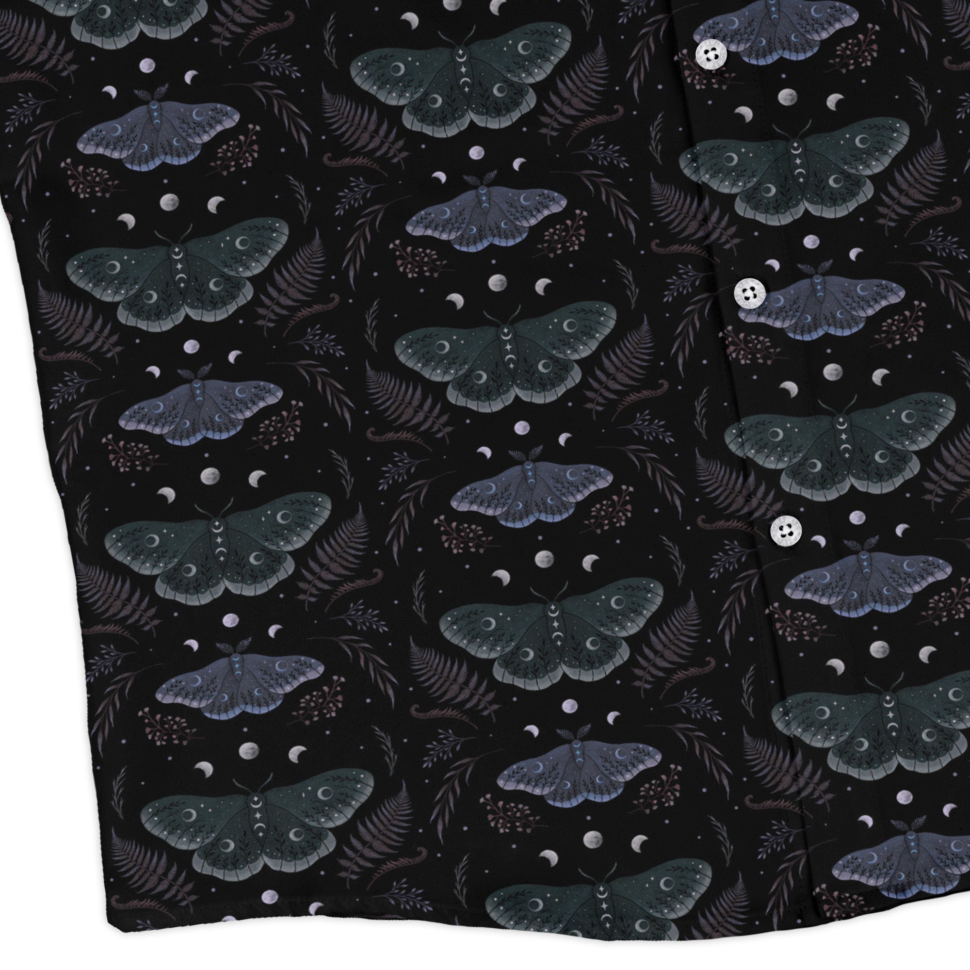 Episodic Moths Black Long Sleeve Button Up Shirt Geek Nerd adult sizing Botany Print Design by Episodic