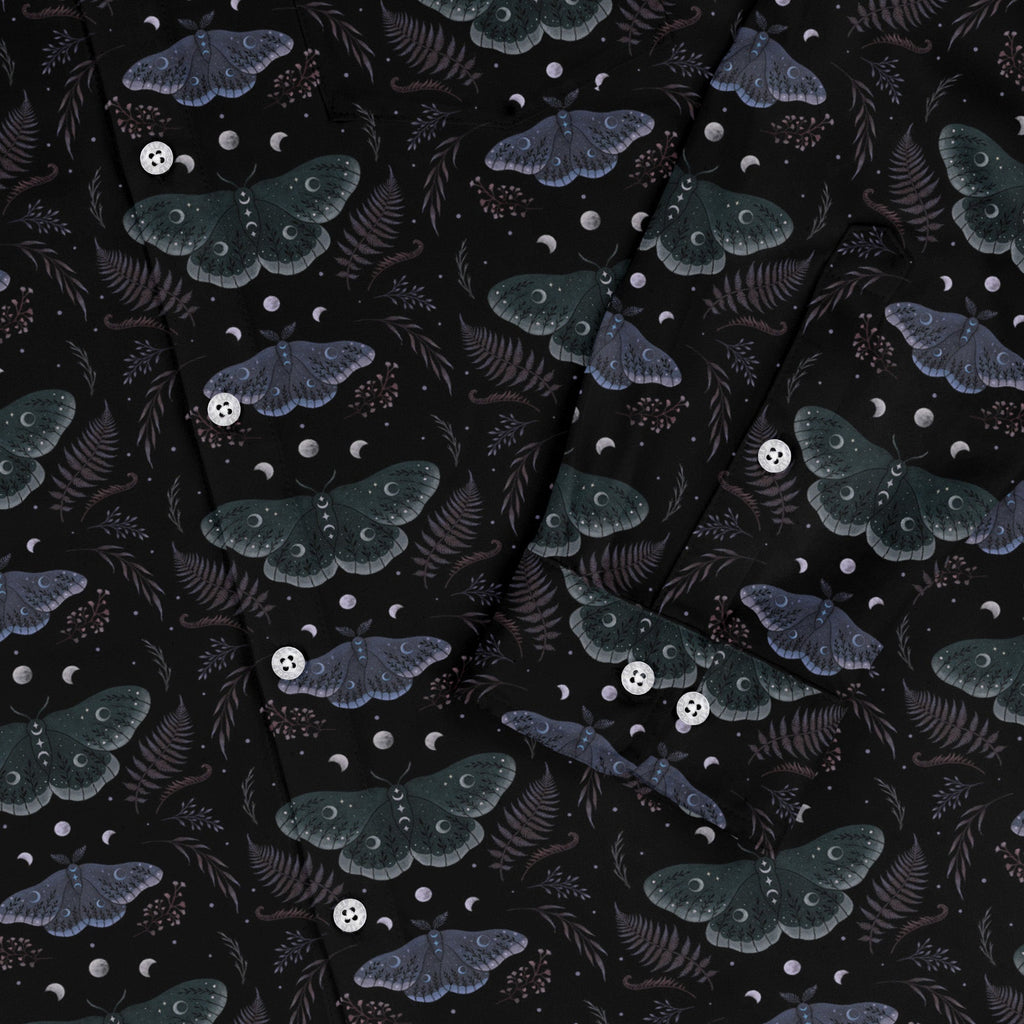 Episodic Moths Black Long Sleeve Button Up Shirt Geek Nerd adult sizing Botany Print Design by Episodic
