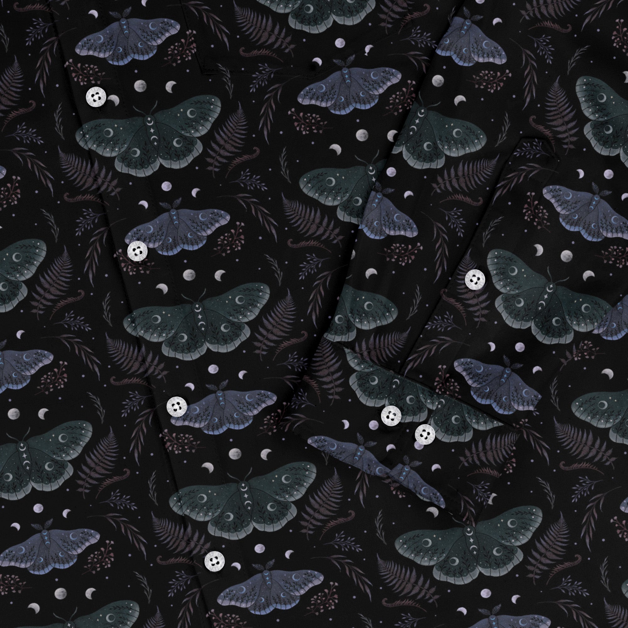 Episodic Moths Black Long Sleeve Button Up Shirt Geek Nerd adult sizing Botany Print Design by Episodic
