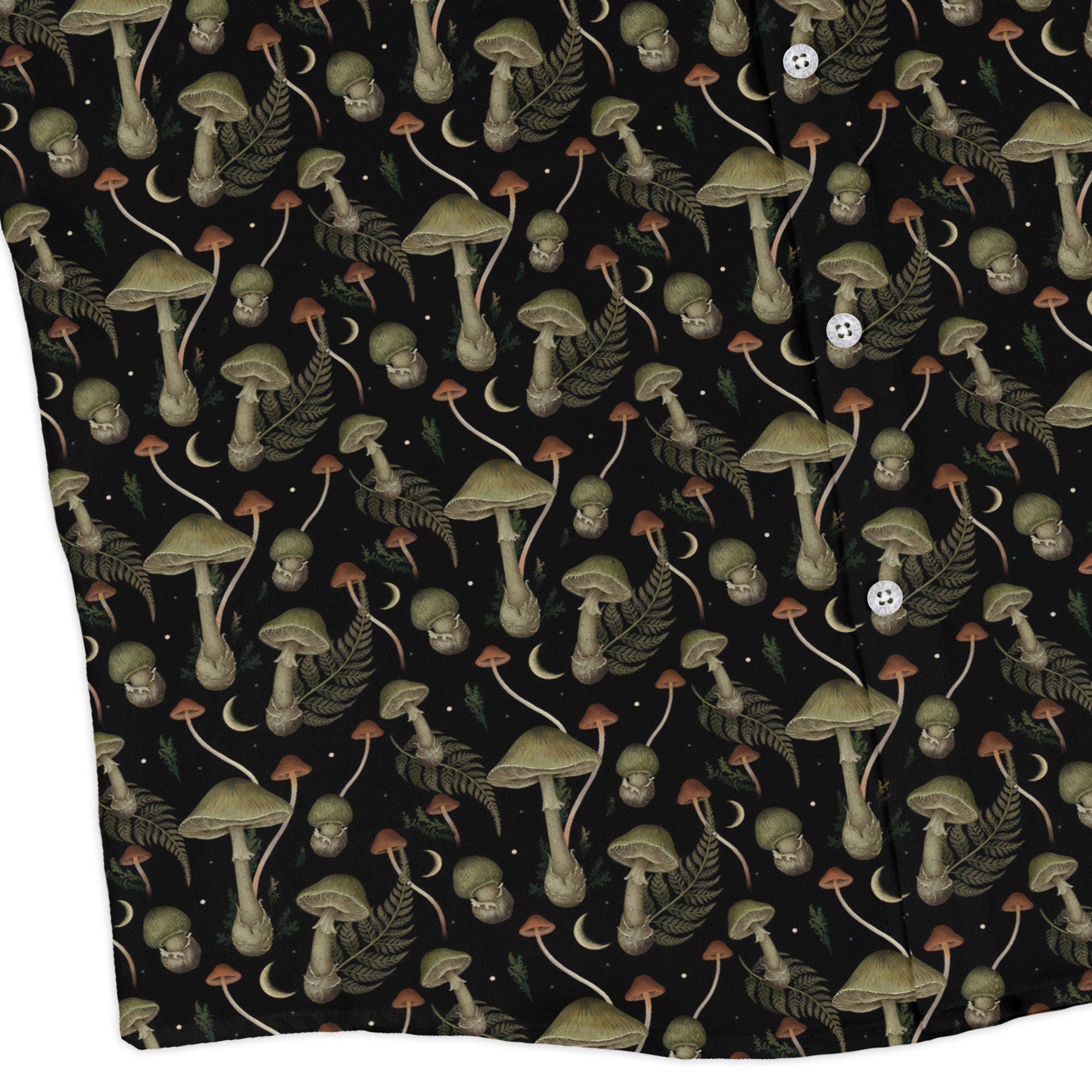 Episodic Mushroom Green Black Long Sleeve Button Up Shirt Geek Nerd adult sizing Botany Print Design by Episodic