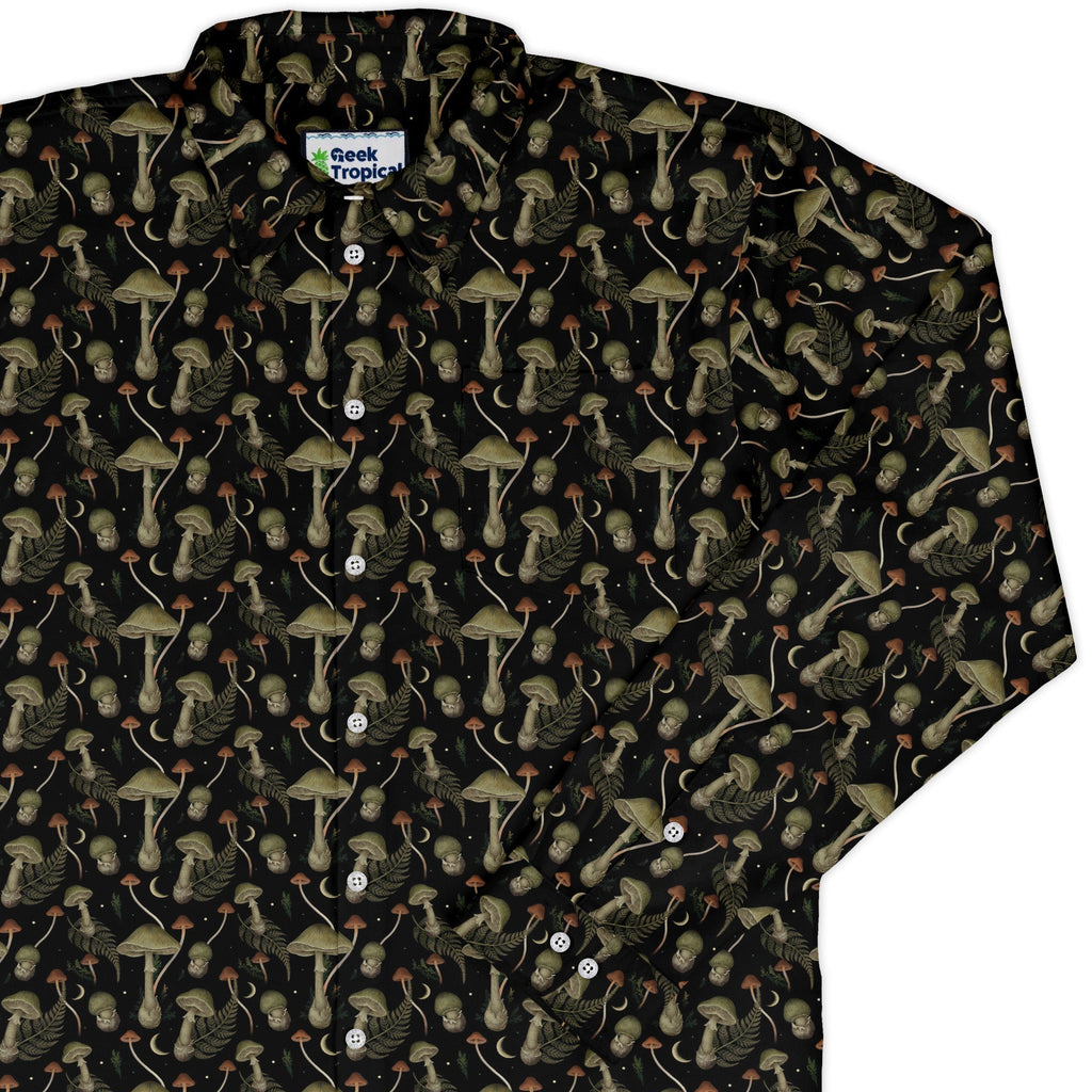 Episodic Mushroom Green Black Long Sleeve Button Up Shirt Geek Nerd adult sizing Botany Print Design by Episodic