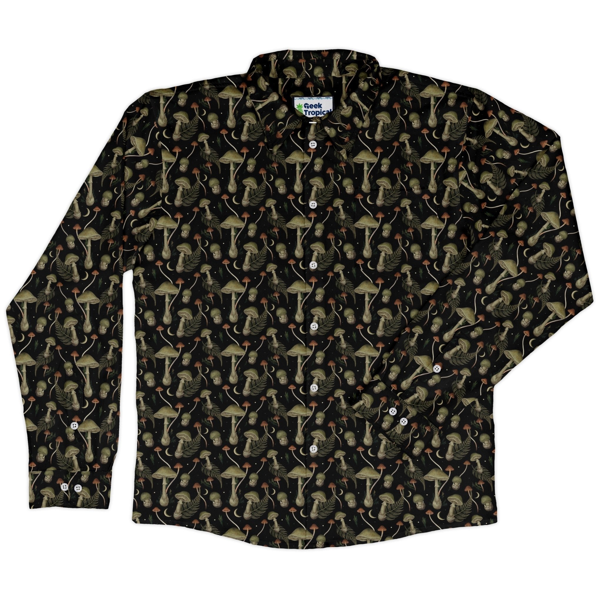Episodic Mushroom Green Black Long Sleeve Button Up Shirt Geek Nerd adult sizing Botany Print Design by Episodic