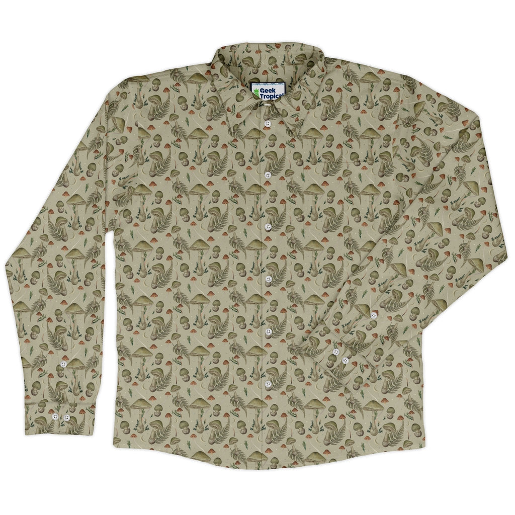 Episodic Mushroom Green Long Sleeve Button Up Shirt Geek Nerd adult sizing Botany Print Design by Episodic