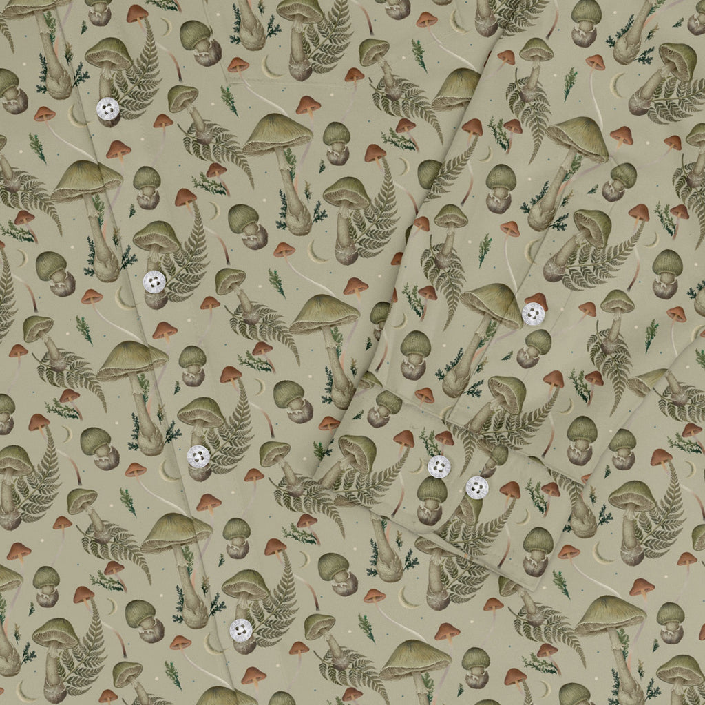 Episodic Mushroom Green Long Sleeve Button Up Shirt Geek Nerd adult sizing Botany Print Design by Episodic