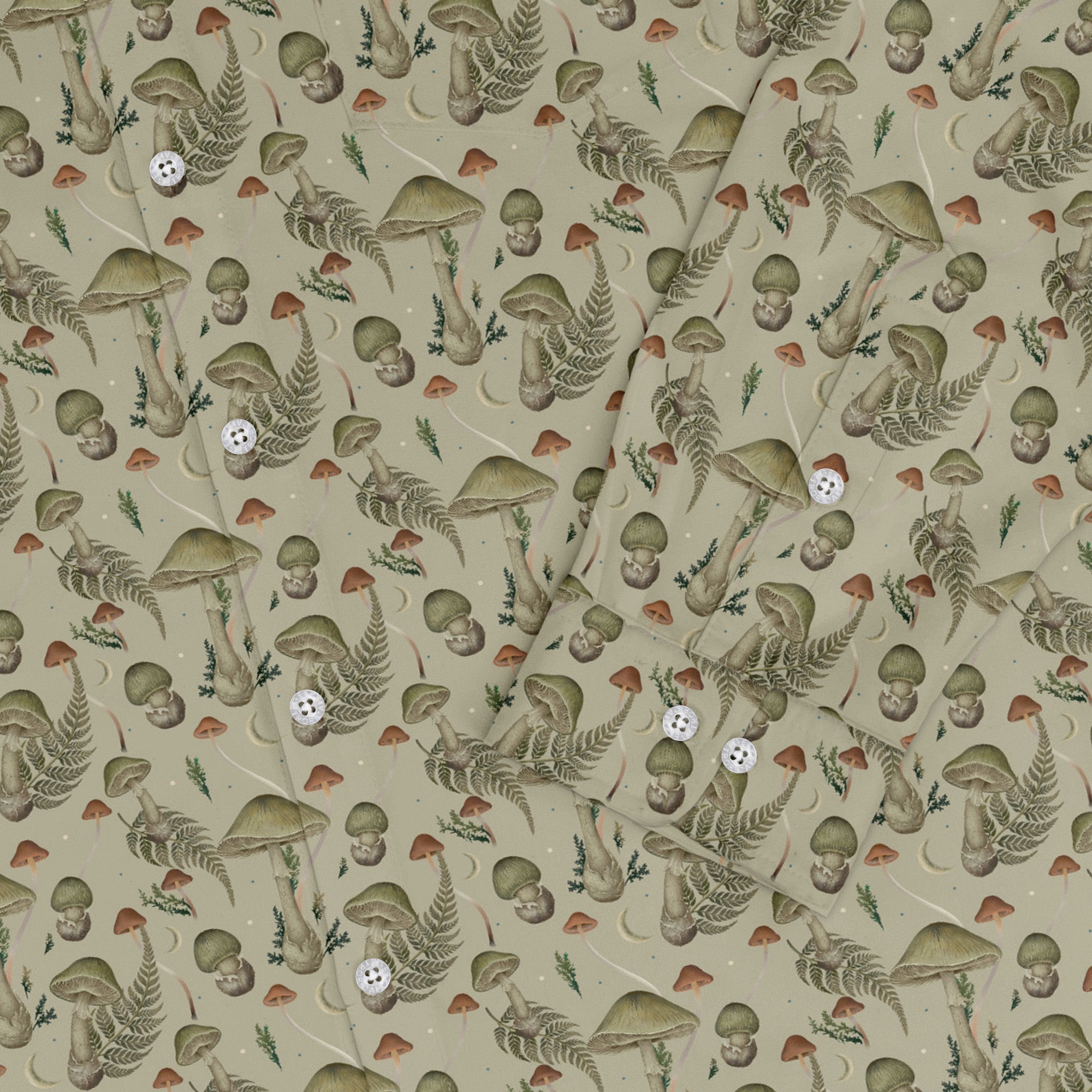 Episodic Mushroom Green Long Sleeve Button Up Shirt Geek Nerd adult sizing Botany Print Design by Episodic