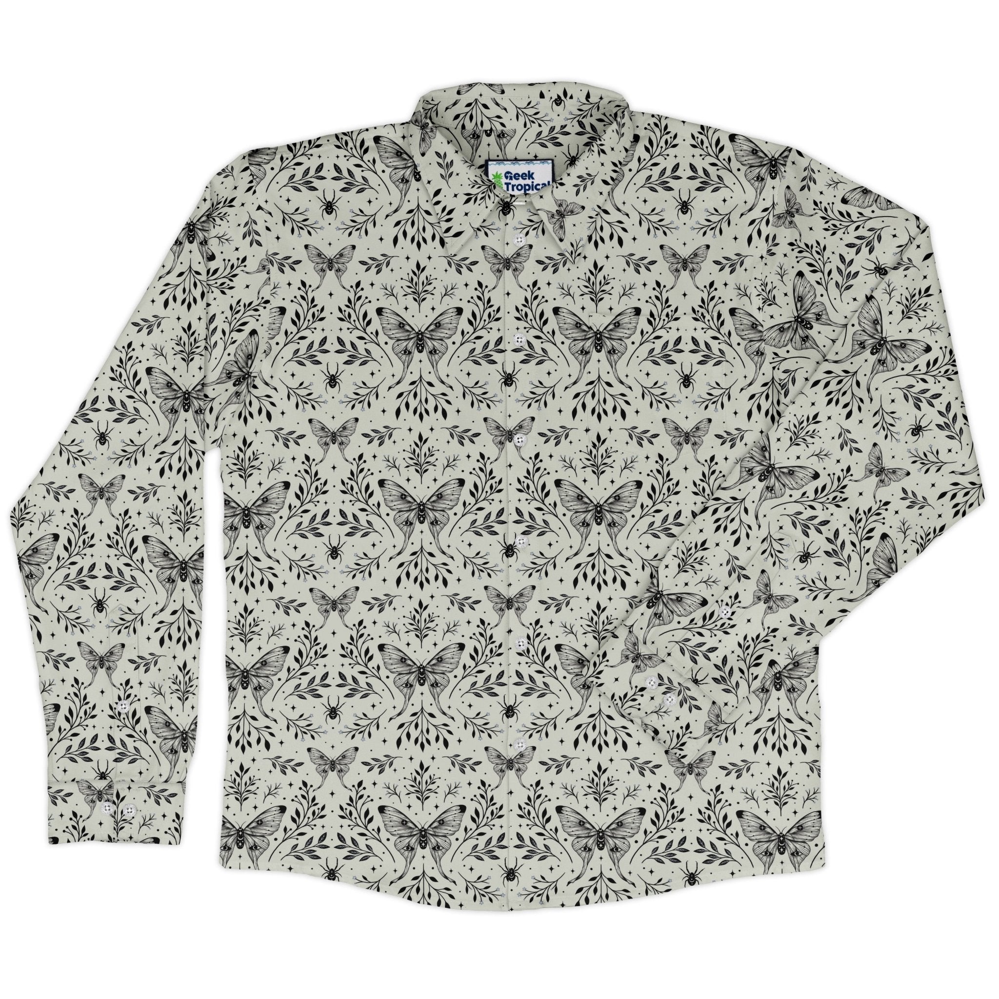 Episodic Mystical Butterfly Long Sleeve Button Up Shirt Geek Nerd adult sizing Botany Print Design by Episodic