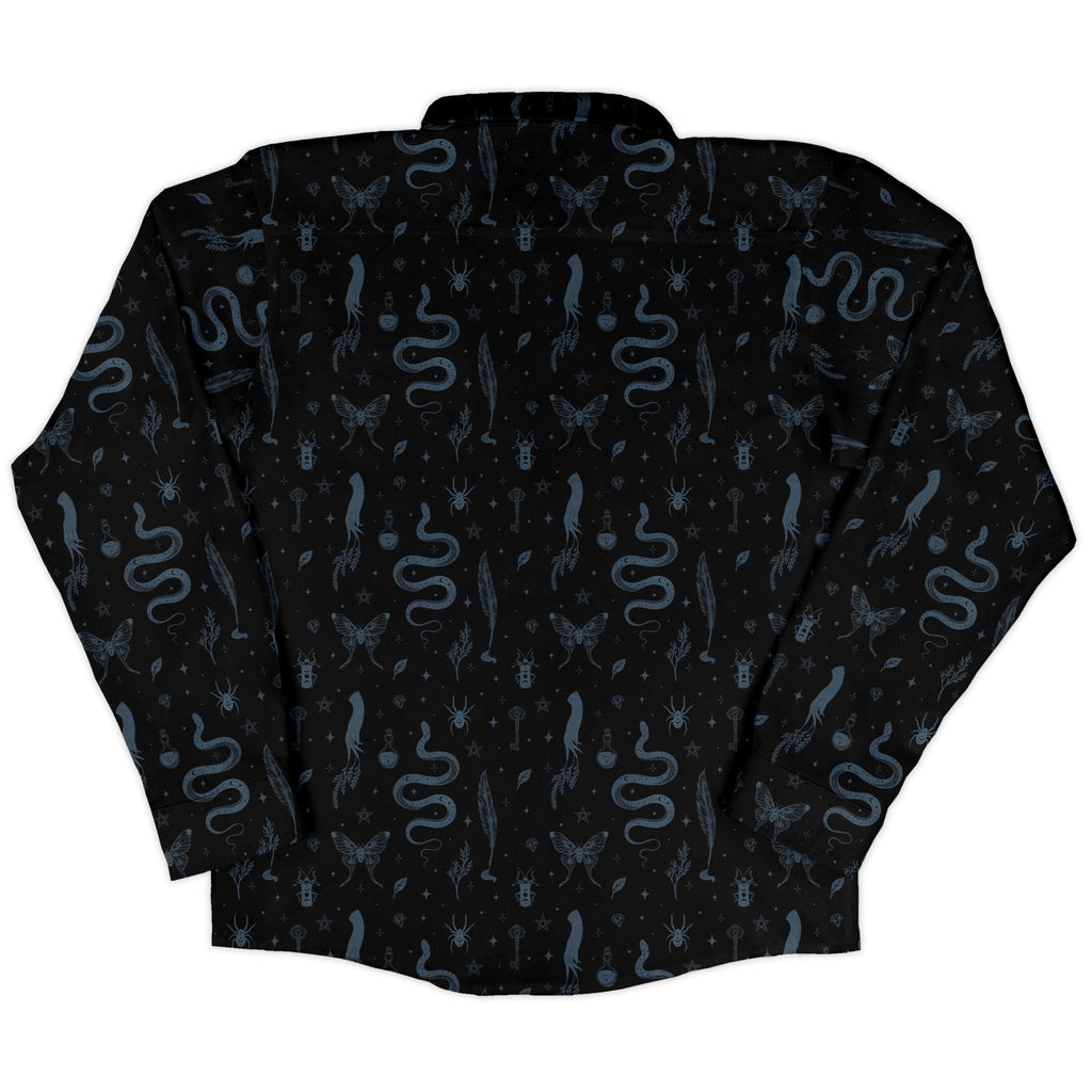 Episodic Mystical Collection Black Long Sleeve Button Up Shirt Geek Nerd adult sizing Botany Print Design by Episodic