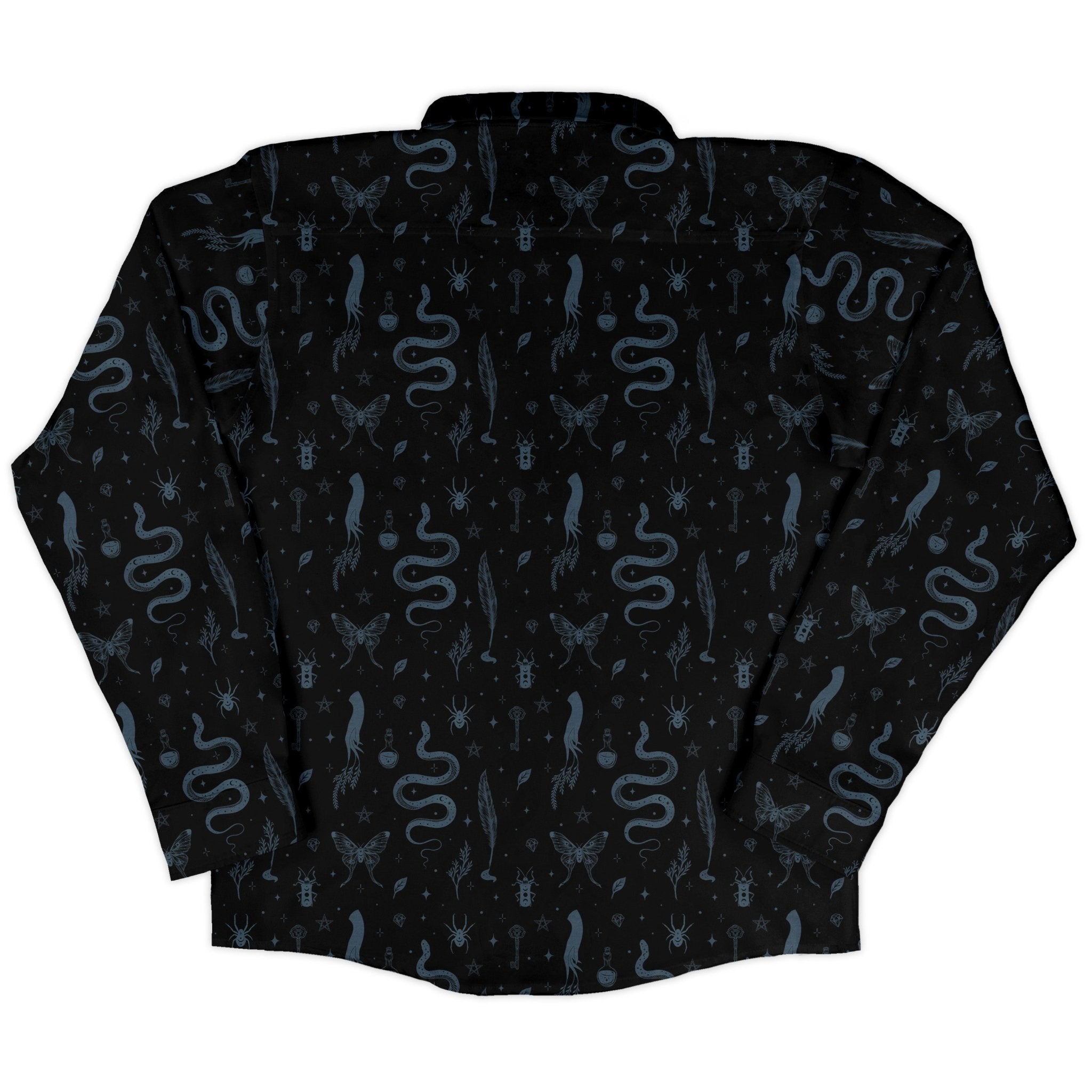 Episodic Mystical Collection Black Long Sleeve Button Up Shirt Geek Nerd adult sizing Botany Print Design by Episodic