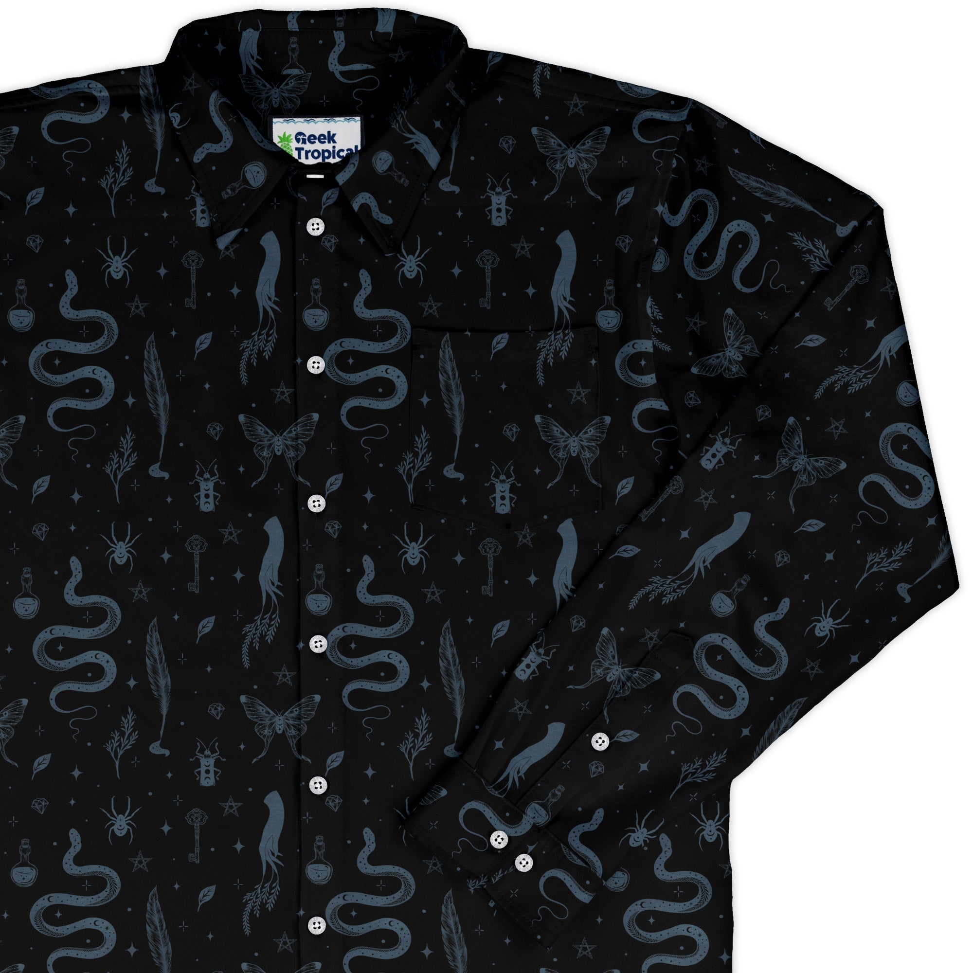 Episodic Mystical Collection Black Long Sleeve Button Up Shirt Geek Nerd adult sizing Botany Print Design by Episodic