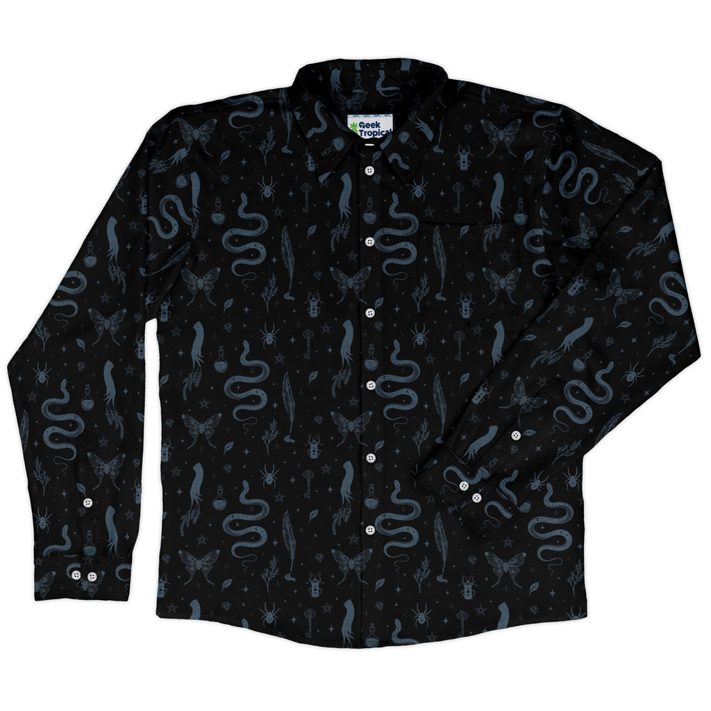 Episodic Mystical Collection Black Long Sleeve Button Up Shirt Geek Nerd adult sizing Botany Print Design by Episodic
