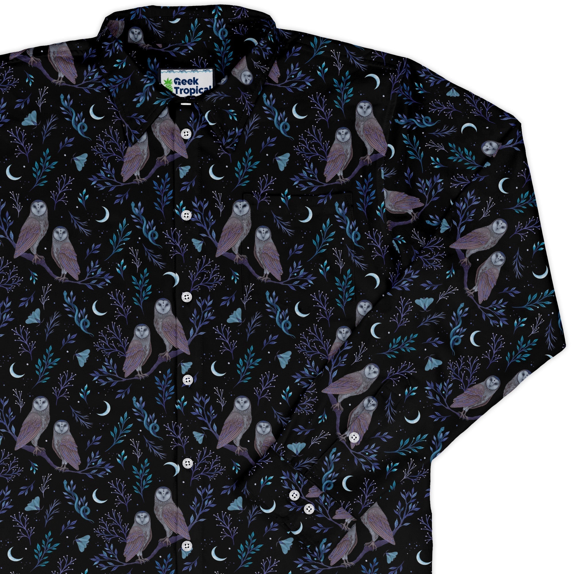 Episodic Owl Floral Long Sleeve Button Up Shirt Geek Nerd adult sizing All Adult Button Up Shirts Design by Episodic