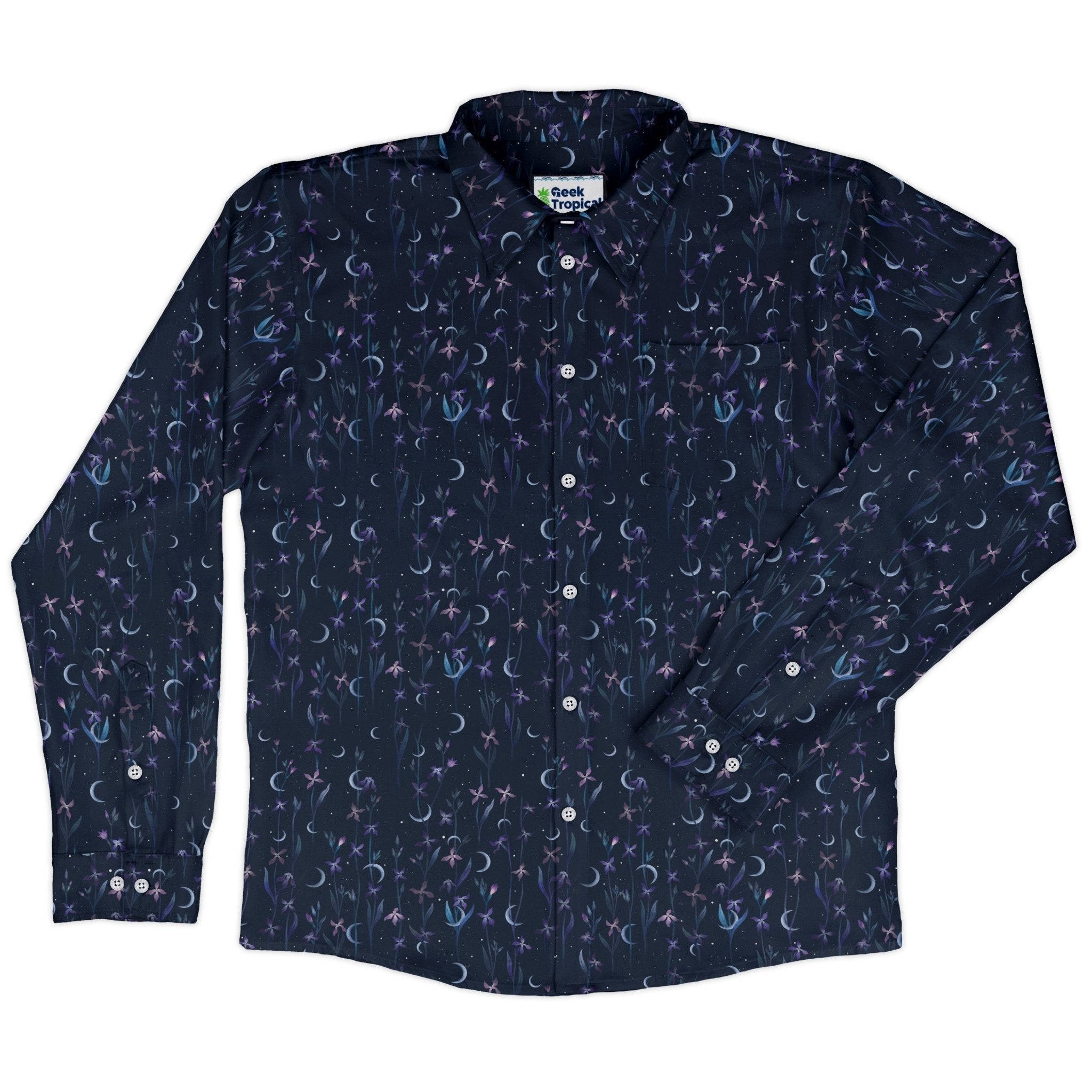 Episodic Scented Moonlight Long Sleeve Button Up Shirt Geek Nerd adult sizing Botany Print Design by Episodic