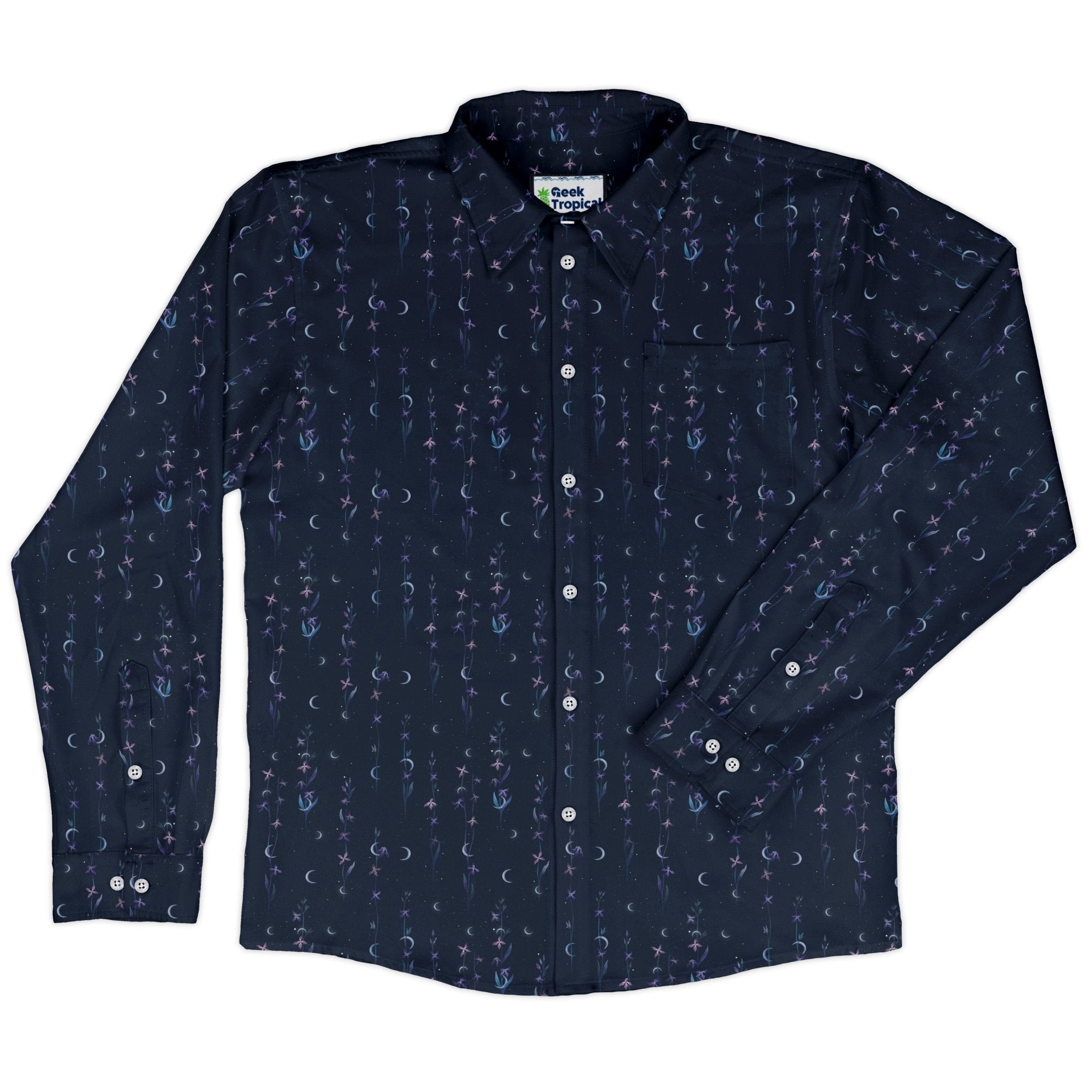 Episodic Scented Night Long Sleeve Button Up Shirt Geek Nerd adult sizing Botany Print Design by Episodic